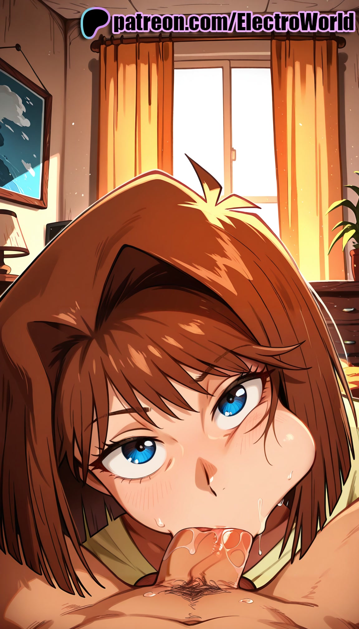 1boy, 1girls, 2025, ai generated, artist name, blowjob, blowjob face, blue eyes, brown hair, cock, dick, electroworld, fellatio, female, hi res, high quality, high resolution, highres, indoors, licking, male, oral, oral sex, patreon, patreon username, penis, plant, potted plant, stable diffusion, straight, sucking, tea gardner, uncensored, watermark, window, yu-gi-oh!