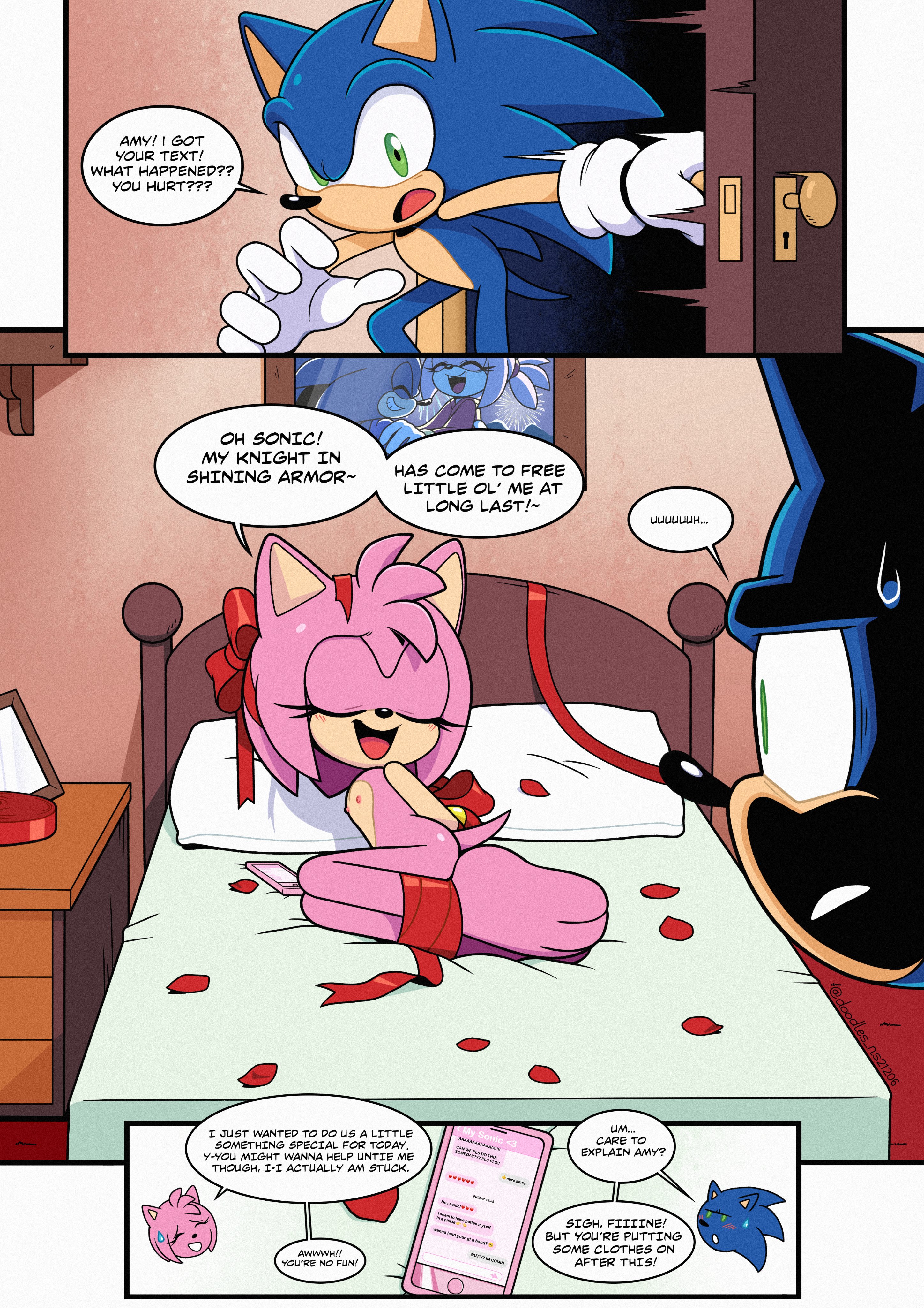 :o, 1boy, 1girls, 3koma, amy rose, ass, barefoot, bed, bedroom, blue fur, blue hair, blush, breasts, carrying, carrying person, cellphone, chat log, closed eyes, comic, completely nude, door, eyelashes, feet, female, flat chest, gloves, htdoodles, htnsfw, in bed, indoors, laying on bed, male, medium hair, nipples, nude, on bed, on model, open door, petals, phone, pillow, pink fur, pink hair, playing, ponytail, sega, shocked pupils, silly face, small breasts, smile, sonic (series), sonic the hedgehog, sonic the hedgehog (series), spiked hair, straight, surprised, sweat, sweatdrop, tail, toes, warped, warped body, wholesome, worried, worried look