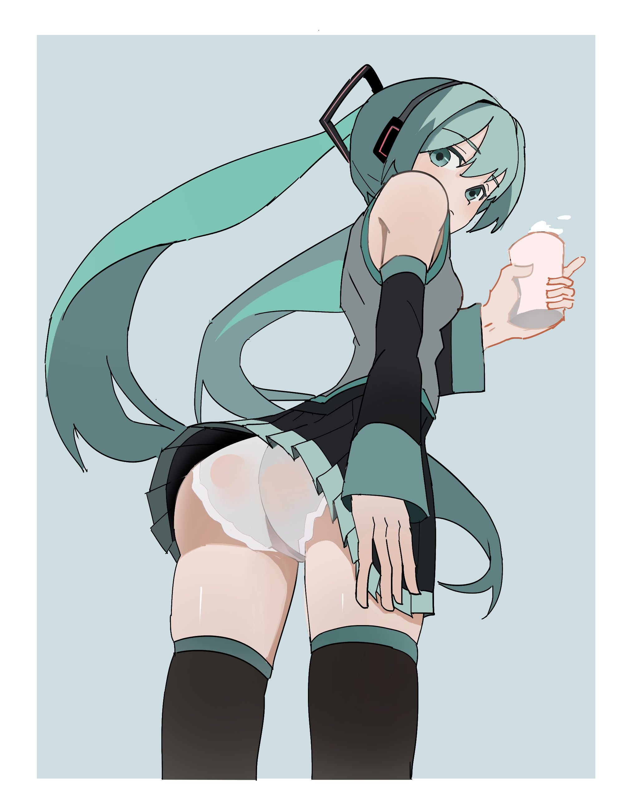 1girl, 1girls, 2025, aqua eyes, aqua hair, ass, cup, detached sleeves, female, from behind, from below, hatsune miku, headphones, long hair, looking at viewer, looking back, panties, pleated skirt, simple background, skirt, solo, standing, tagme, thighhighs, thighs, twintails, underwear, upskirt, very long hair, vocaloid, white panties, wuming-aaa