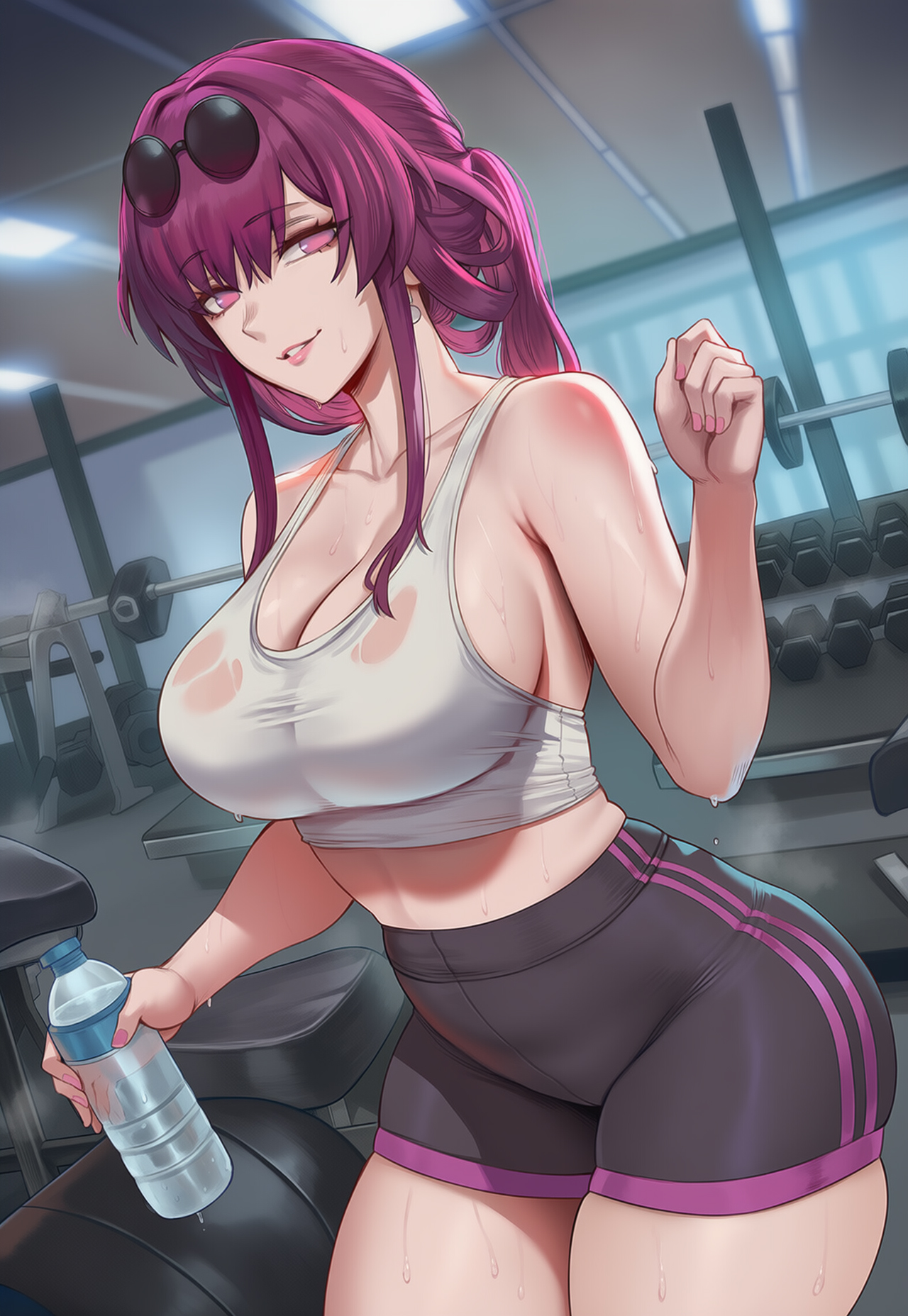 1girls, ai generated, ass, big ass, big breasts, breasts, collarbone, female, female focus, female only, flarekiss, highres, honkai (series), honkai: star rail, hoyoverse, kafka (honkai: star rail), looking at viewer, maroon hair, mihoyo, smiley face, smiling, solo, solo female, solo focus, sports shorts, sports uniform, sweat, sweatdrop, water bottle