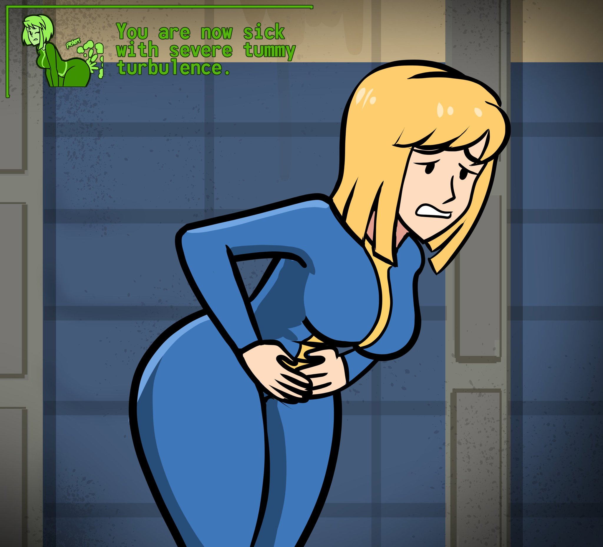 fallout, fart, fart cloud, fart fetish, female, lolotron, stomach pain, uncomfortable, vault girl