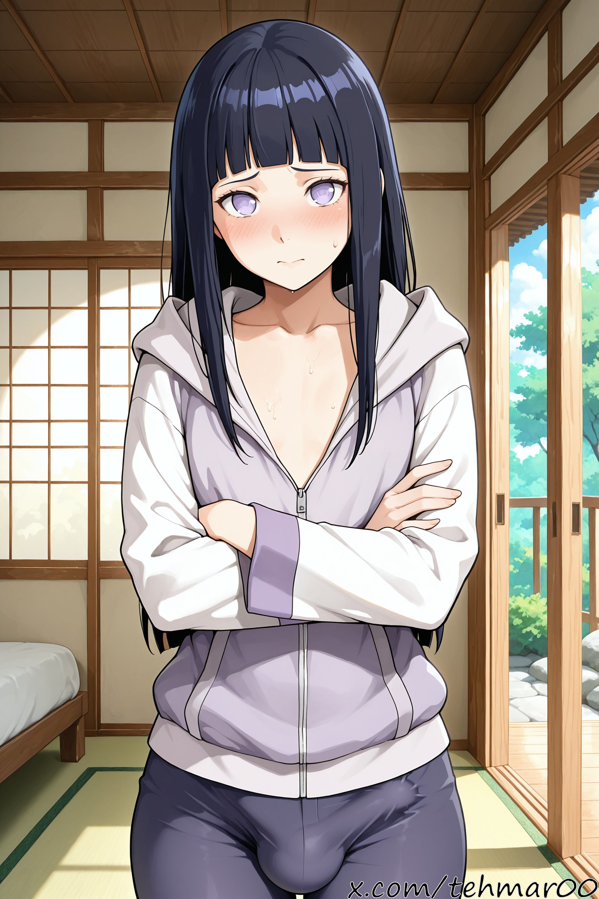 1boy, ai generated, bed, black hair, blush, bulge, collarbone, crossed arms, femboy, fence, genderswap (ftm), hood, hoodie, hyuuga hinata, indoors, jacket, japanese room, long hair, long sleeves, looking at viewer, male, male hinata, naruto (series), naruto shippuden, pants, purple eyes, rule 63, solo, standing, tagme, tatami, tehmar, trans woman, transfem, trap, zipper