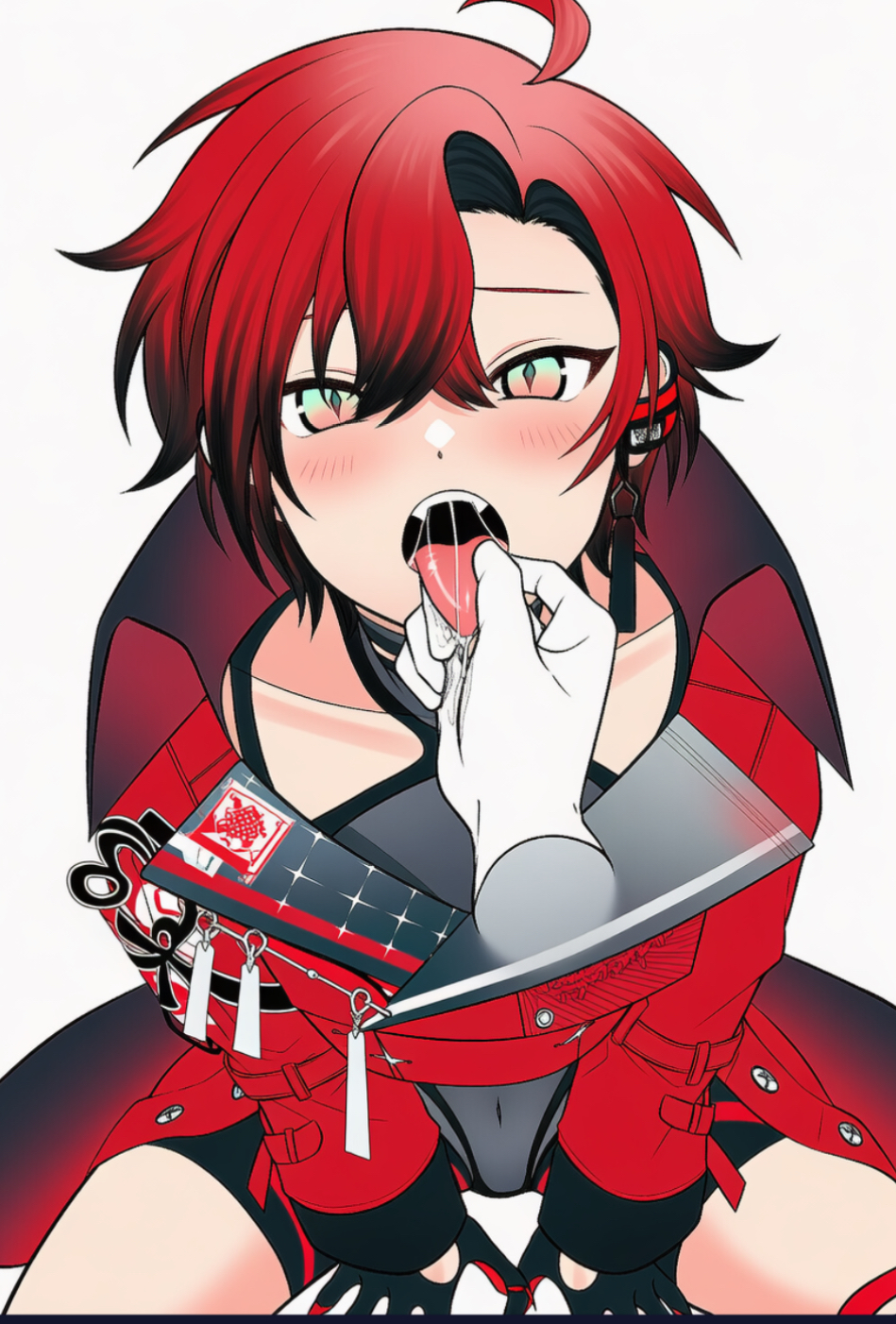 1boy, ahoge, blush, bodysuit, collarbone, disembodied hand, fangs, femboy, floating hand, gradient eyes, holding tongue, holostars, holostars english, holostars english -tempus-, machina x flayon, male, mouth open, open mouth, red hair, saliva, saliva string, short hair, skinsuit, submissive, submissive femboy, submissive male, tagme, teeth, thighs, tongue, tongue out, tongue pull, unusual eyes, virtual youtuber, vtuber