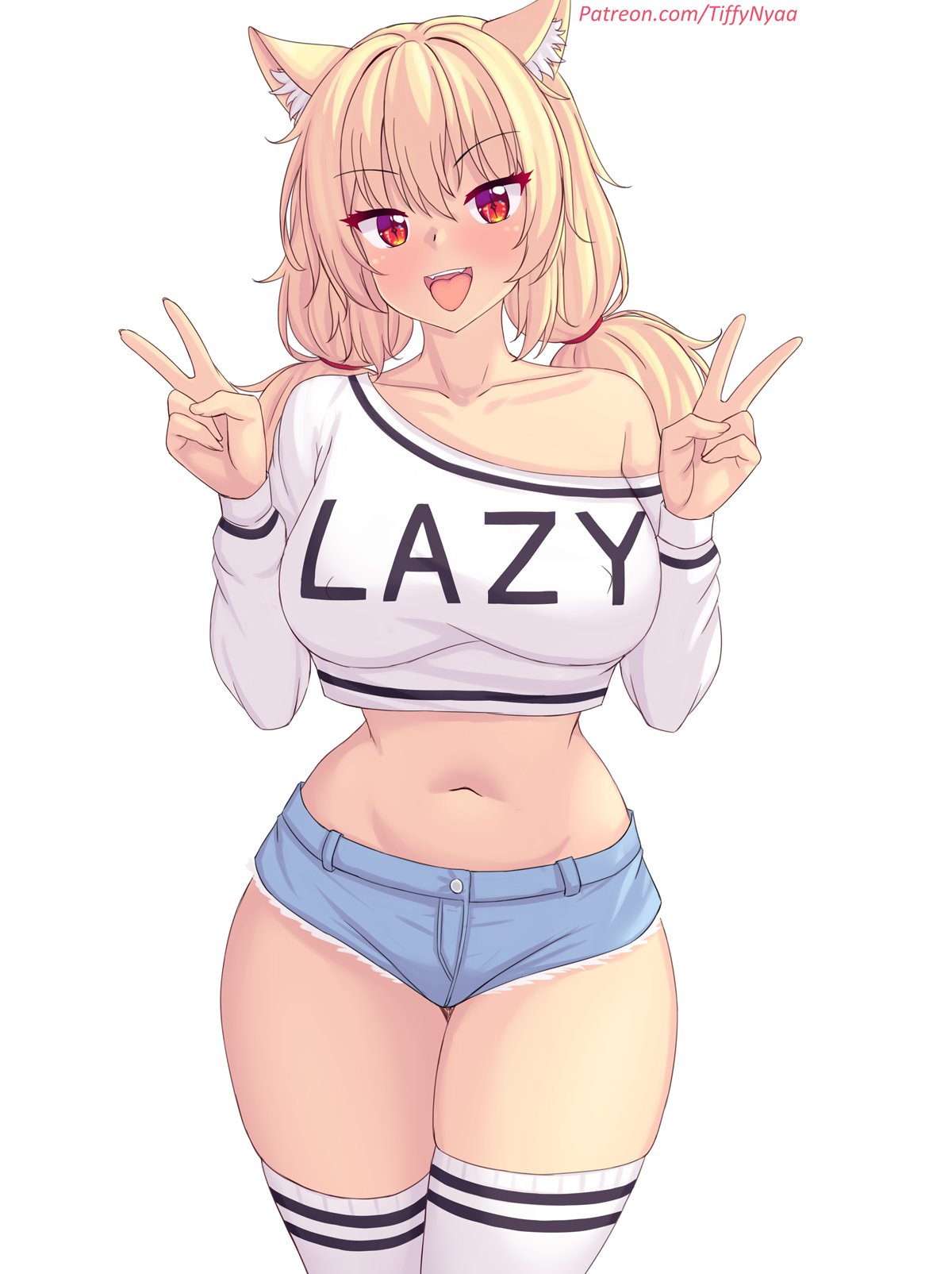 blush, breasts, cat ears, cat girl, catgirl, cowboy shot, crop top, female, hands up, large breasts, long hair, long sleeves, midriff, navel, nottytiffy, off shoulder, open mouth, original, patreon username, red eyes, short shorts, shorts, simple background, smile, solo, stomach, thighhighs, thighs, tiffy, tiffynyaa, twintails, v sign