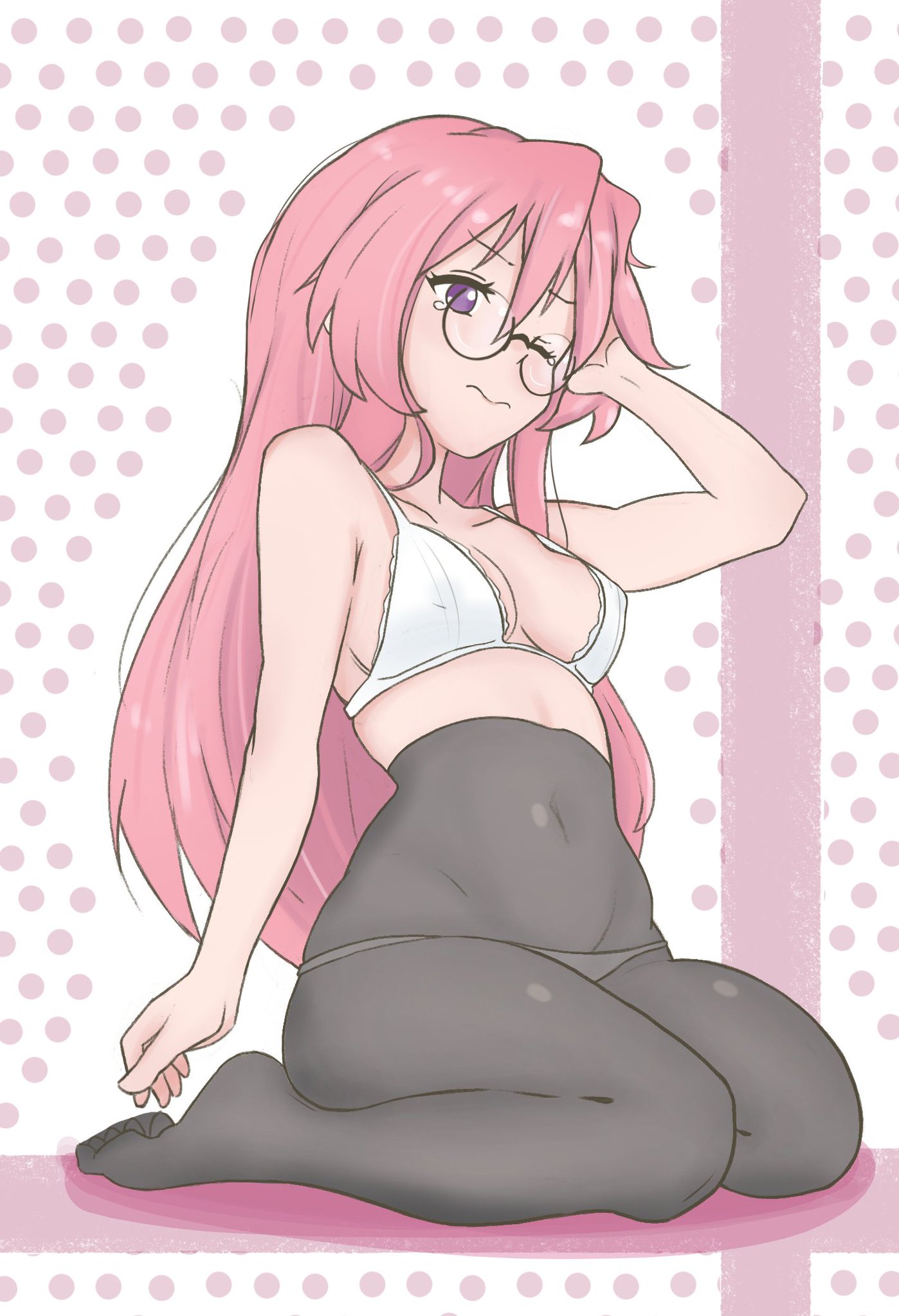 1girls, andrey pavlow, big breasts, blue eyes, breasts, female, glasses, kneeling, lucky star, miyuki takara, panties, panties under pantyhose, pantyhose, pink hair, sleepy, solo, underwear, very long hair, white panties