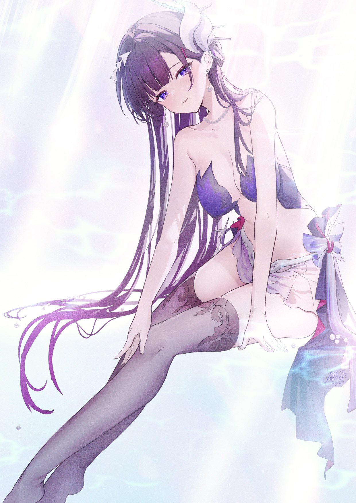 1girls, bikini, black hair, black thighhighs, blue eyes, female, honkai: star rail, hysilens (honkai: star rail), jura oekaki3, long hair, miniskirt, purple bra, skirt, thighhighs, very long hair, white background
