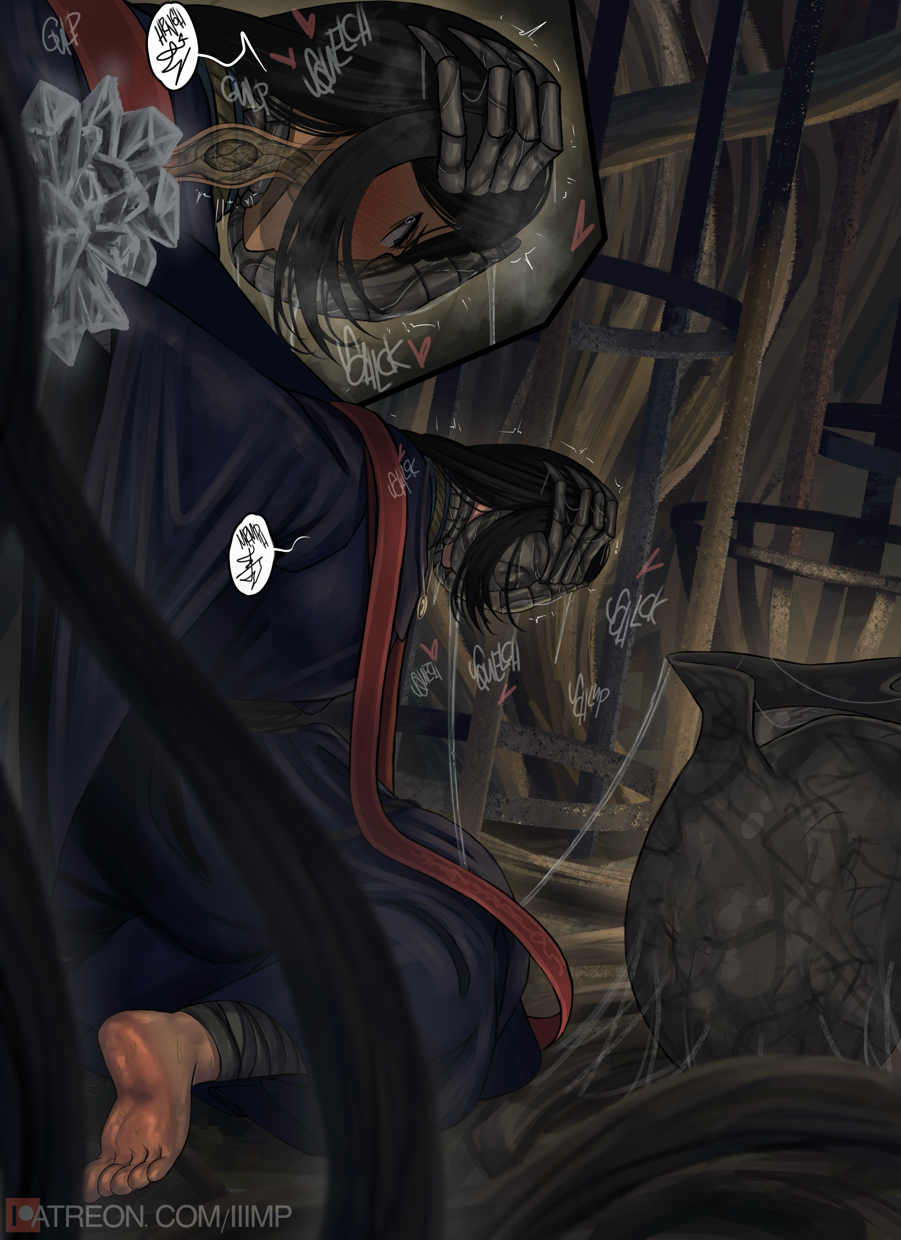 1girls, 1monster, 2d, alien, alien (franchise), bandage, black hair, bound arms, bound wrists, braided hair, close-up, dark hair, dubious consent, egg, egg implantation, elden ring, facehugger, feet, female, fromsoftware, helpless, helpless female, iiimp, imminent oral, imminent rape, imminent sex, impregnation, imprisoned, insects, male, oral, oral egg implantation, oral penetration, oral rape, oral sex, ovipositor, ovipositor penis, parasite, penis, pinned, pinned to wall, rape, raped, raped by monster, robe, saliva, saliva string, saliva trail, slumped, sorceress sellen, swallowing, tears, trapped, unwilling, witch, x-ray, xenomorph egg