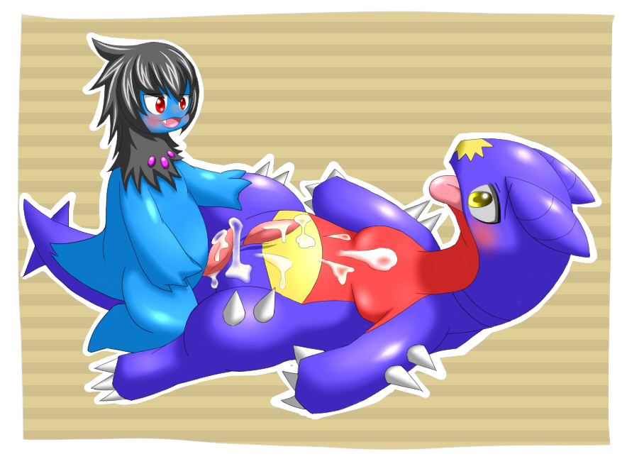 blue_skin blush claws cum deino garchomp interspecies kneeling lying male male_only multiple_males nude on_back penis pokemon pokemon_(species) purple_skin red_skin runamon side_view tagme tail tongue yaoi yellow_skin