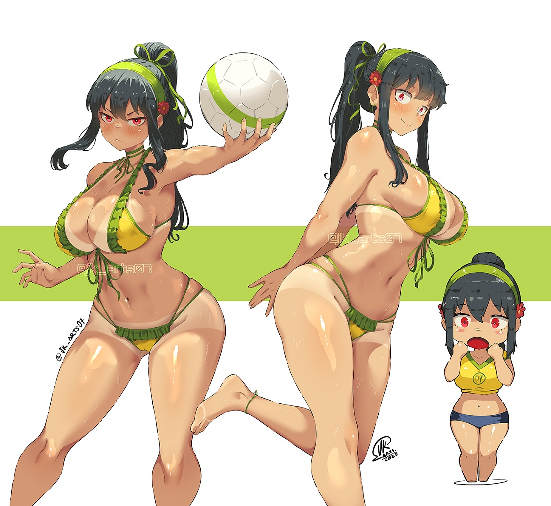 1girls, ball, bare legs, barefoot, bikini, black hair, blue shorts, brazilian flag, brazilian flag print, breasts, chibi, commentary, feet, feet out of frame, female, female only, fit female, flag print, flower, green hairband, hair flower, hair ornament, hairband, holding, holding ball, hourglass figure, huge breasts, human, human female, jk arts, jk arts07, large breasts, legs, long hair, mature female, navel, ponytail, red eyes, shirt, shorts, slim waist, smile, soccer ball, solo, spy x family, stomach, swimsuit, tan, tanlines, toes, twitter strip game, twitter username, two-tone background, wide hips, yellow bikini, yellow shirt, yor briar, yor forger