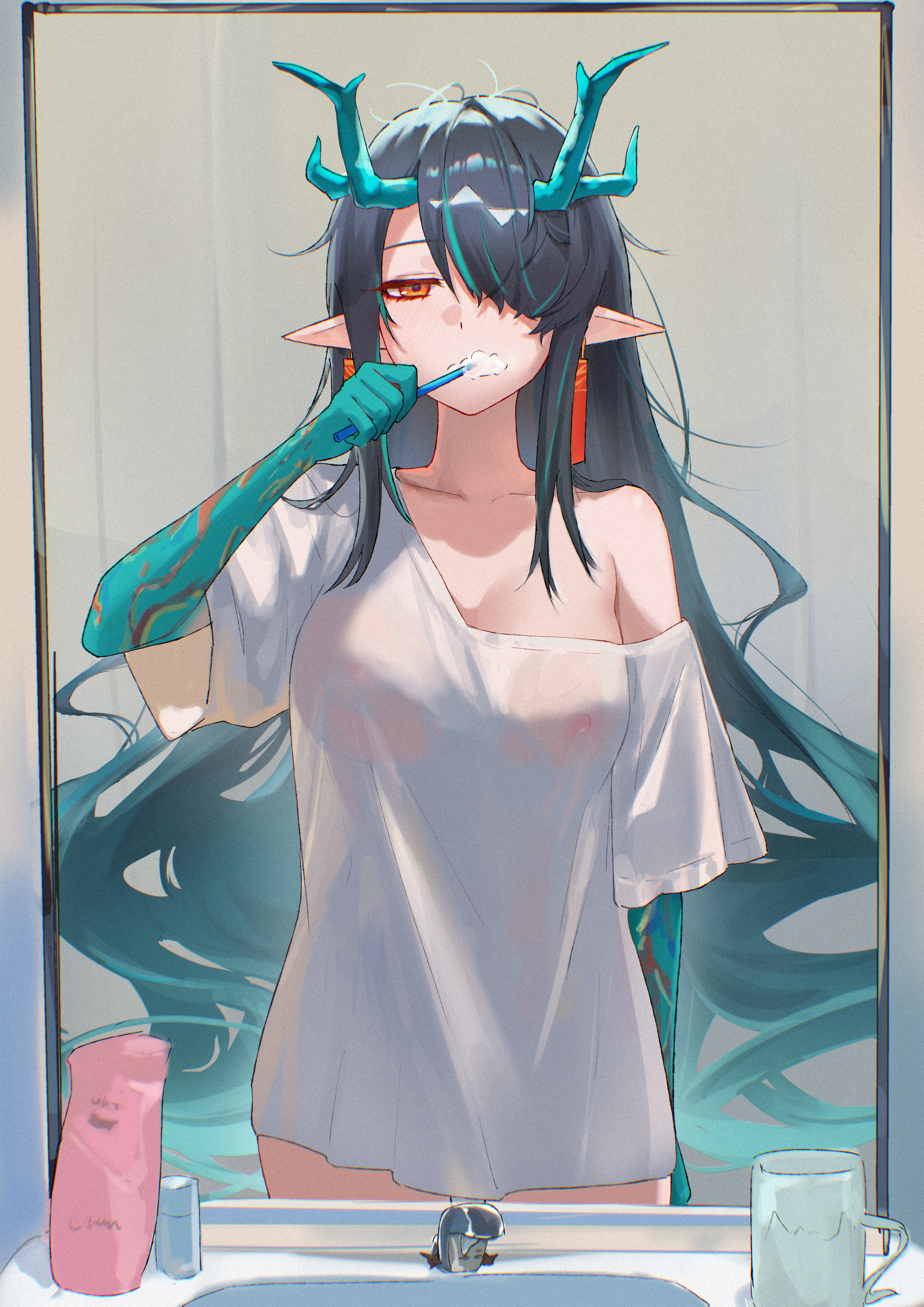 arknights, brushing teeth, dusk (arknights), female, see-through, shirt only, uof