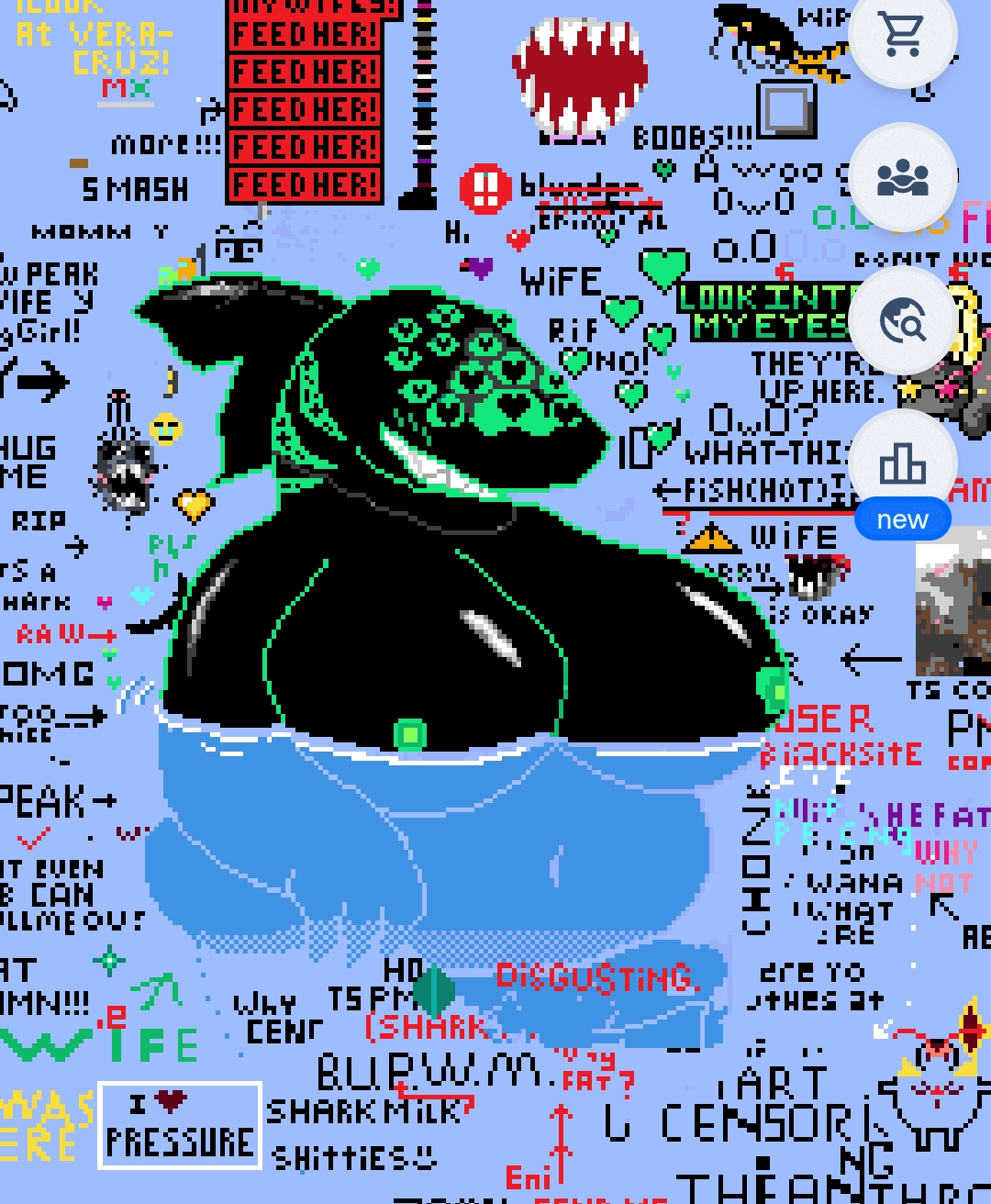 big breasts, breasts, english text, eyefestation (pressure), female, furry, futanari, green nipples, intersex, intersex female, overweight, overweight female, pixel art, pressure (roblox), roblox, solo, text, wplace