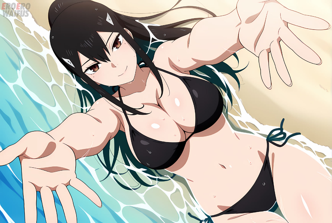 ai generated, asian, asian female, bare thighs, beach, big breasts, bikini, black hair, breasts, brown eyes, eroero waifus, female, huge breasts, huge thighs, kaiju no.8, light skin, light-skinned female, long hair, looking at viewer, massive breasts, mina ashiro, ponytail, shounen jump+, smiling, solo female, squatting, sweat, sweatdrop, thick body, thick female, thick thighs, thighs, very long hair, voluptuous, voluptuous female