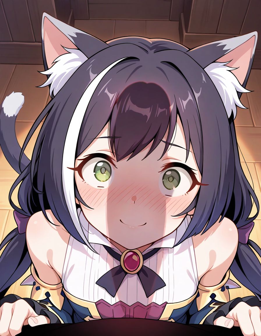 1boy, ai generated, animal ear fluff, animal ears, bare shoulders, black hair, blush, breasts, cat ears, cat girl, cat tail, closed mouth, detached sleeves, female, green eyes, imminent fellatio, indoors, karyl (princess connect!), kuroyaex, long hair, looking at penis, looking at viewer, low twintails, male, multicolored hair, penis, penis awe, penis shadow, pov, princess connect!, smile, solo focus, straight, streaked hair, tail, twintails, white hair