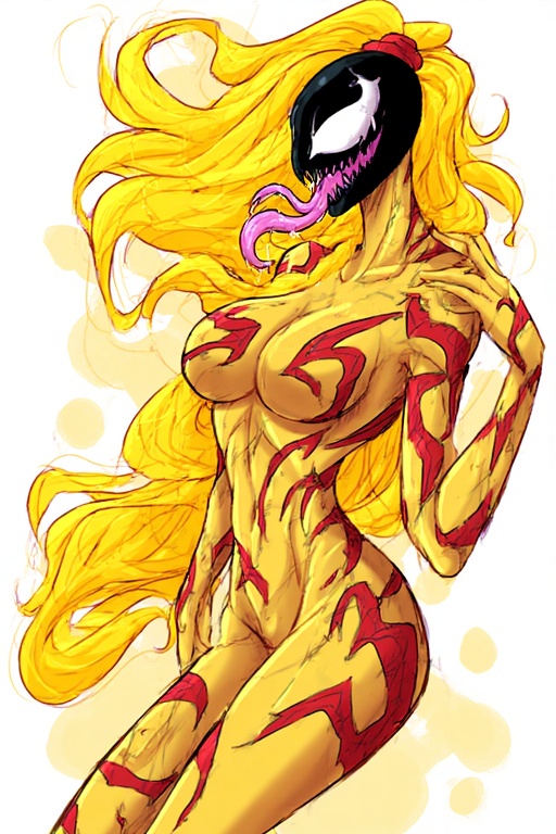 1girls, artist request, female, female only, forked tongue, klyntar, long hair, long tongue, marvel, marvel comics, open mouth, red hair, scream (spider-man), sharp teeth, solo, source request, spider-man (series), symbiote, tongue, tongue out, white-eyed female, yellow hair