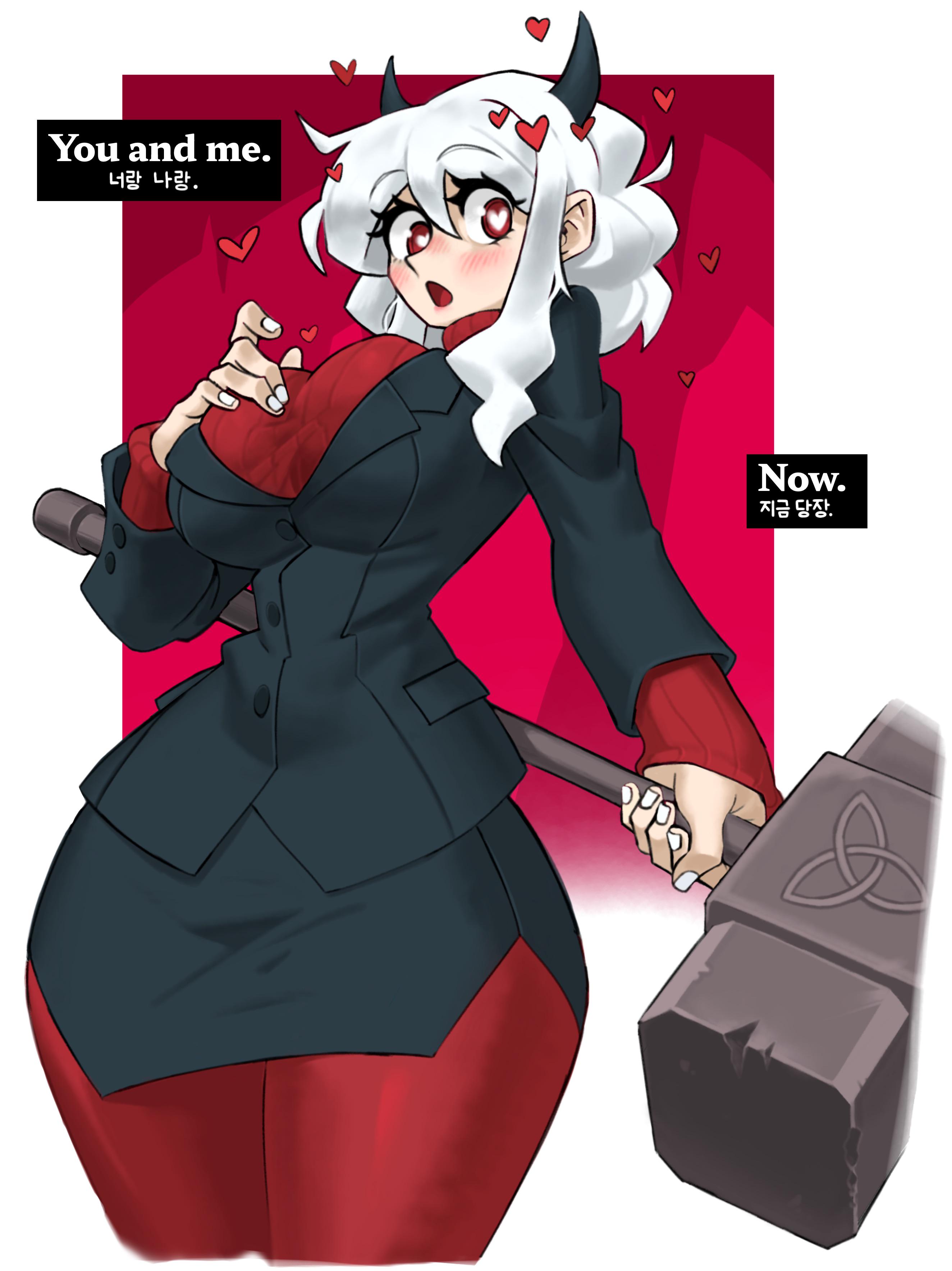 breasts, business suit, emptyskull302, english text, female, fondling, fully clothed, groping, groping breasts, hammer, heart, heart-shaped pupils, helltaker, horns, korean text, modeus (helltaker), tagme, white hair