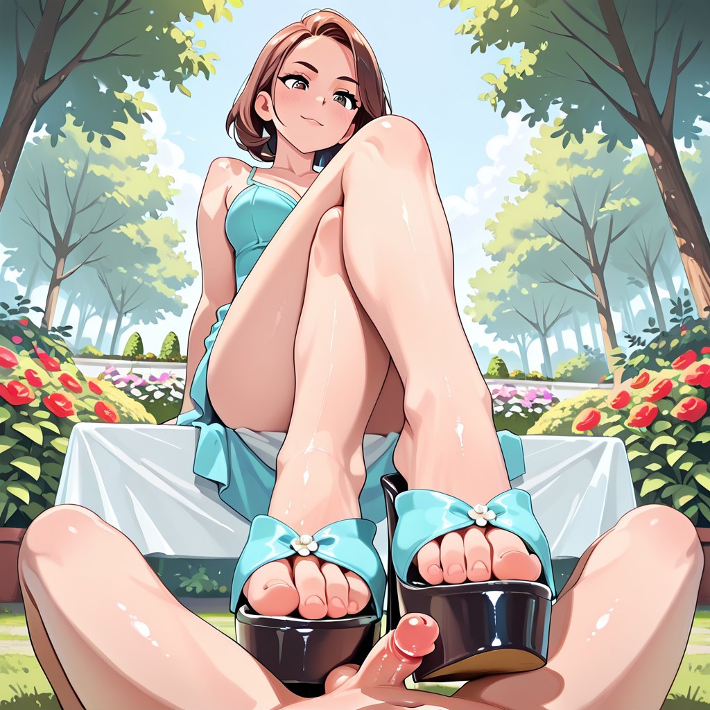 ai, ai generated, ai-created, crossed legs, crossed legs (sitting), crossed legs fetish, female, floor, foot fetish, garden, ground, heeljob, heels, high heel mules, husband, husband and wife, legs, legs crossed, male, milf, mules, on floor, on ground, penis, pov, pov feet, pov heels, qos, sandaljob, sandals, shoejob, small penis, toes, wife, wife and husband, wife material, wifey