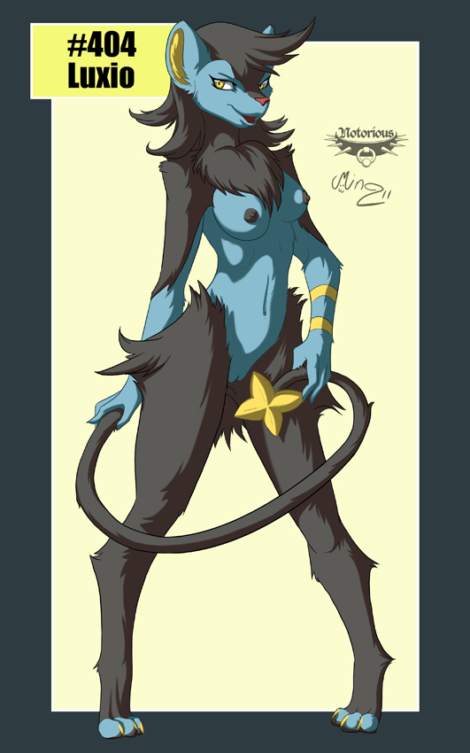 anthro barefoot black_fur blue_fur breasts digitigrade female female_only front_view fur luxio mingchee nipples notorious84 nude pokemon solo species_name standing tagme tail