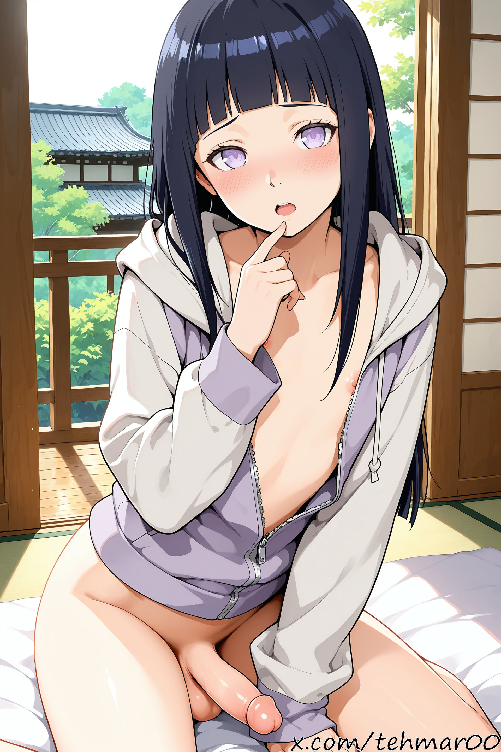 1boy, ai generated, balls, black hair, blush, bottomless, collarbone, erection, femboy, finger to mouth, genderswap (ftm), hood, hoodie, hyuuga hinata, indoors, jacket, long hair, long sleeves, looking at viewer, male, male hinata, naruto, naruto (series), naruto shippuden, nipples, open mouth, penis, purple eyes, rule 63, sitting, solo, tagme, tehmar, testicles, trans woman, transfem, trap