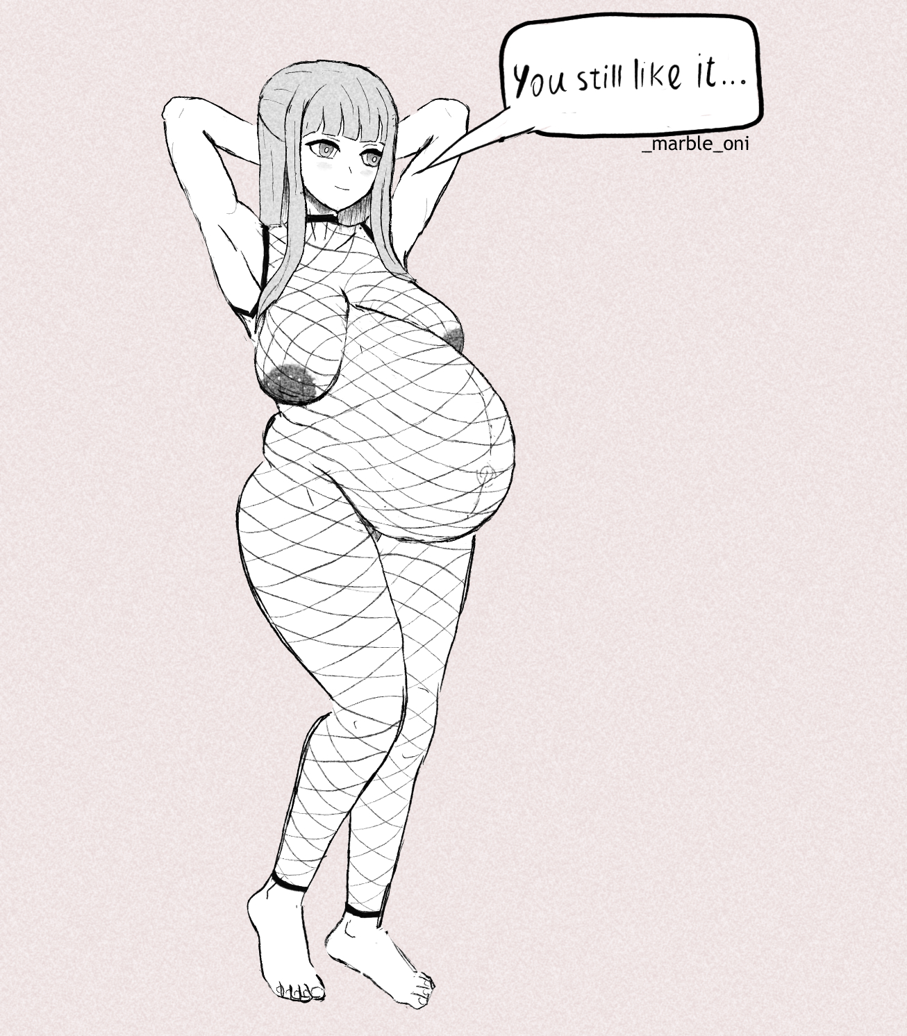 1girls, alternate version at source, belly, big belly, black and white, breasts, female, female only, fern (sousou no frieren), fishnet clothing, linea nigra, marble oni, nipples, outie navel, pregnant, sagging breasts, solo, sousou no frieren