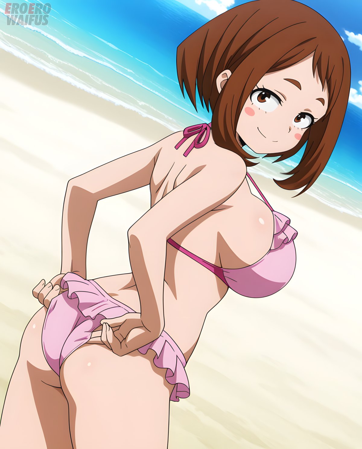 1girls, ai generated, back view, backboob, bare thighs, beach, big ass, big butt, bikini, boku no hero academia, breasts, brown eyes, brown-haired female, brunette hair, eroero waifus, fat ass, female, gigantic ass, gigantic breasts, huge breasts, huge thighs, light skin, light-skinned female, looking back, massive ass, massive breasts, my hero academia, ochako uraraka, seductive eyes, seductive smile, short hair, shounen jump, smiling, solo female, squatting, sweat, sweatdrop, thick body, thick female, thick thighs, thighs, voluptuous, voluptuous female