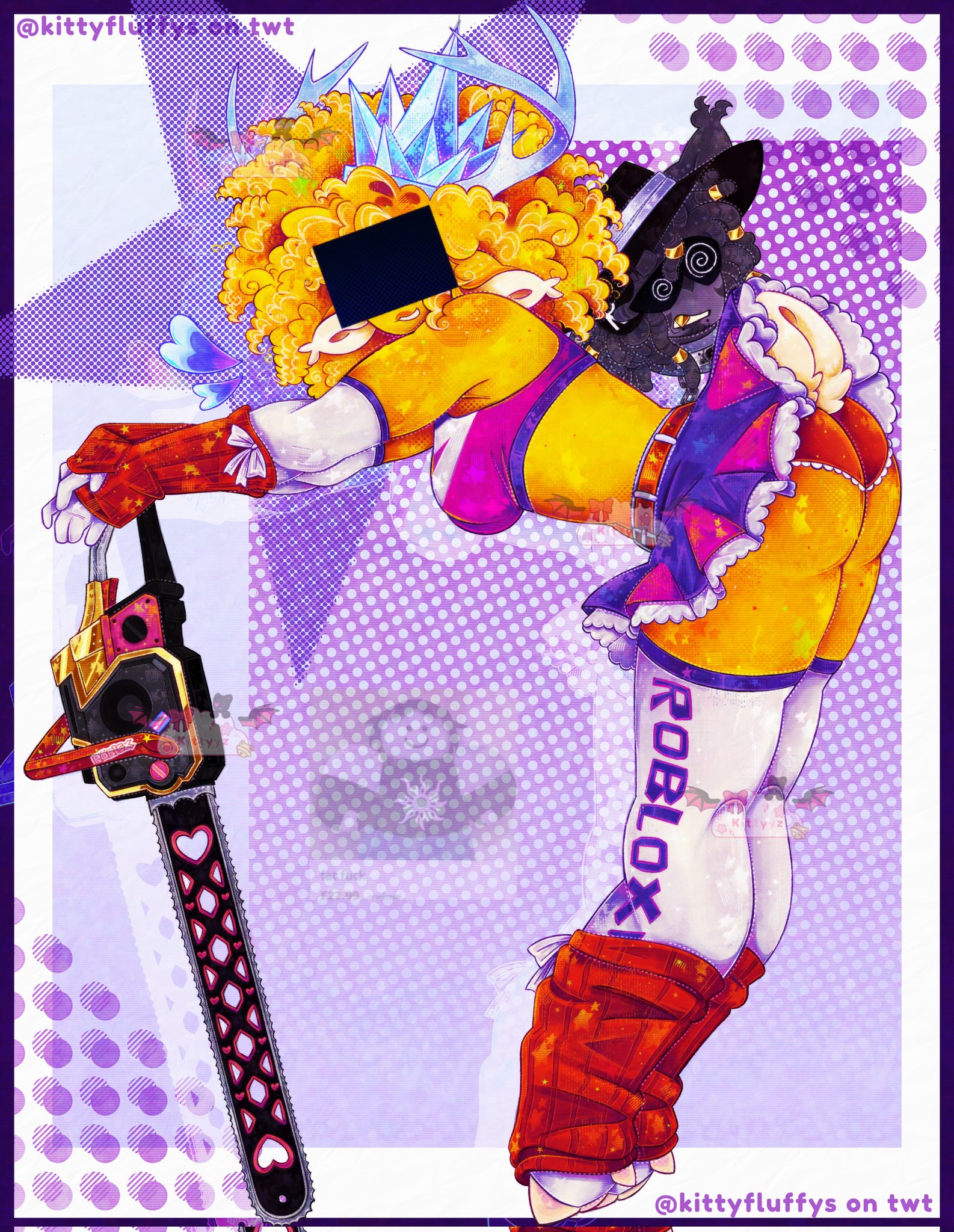 armwear, ass, breasts, censored face, chainsaw, chance (forsaken), clothed, crop top, decapitated head, female, forsaken (roblox), itrapped (forsaken), juliet starling (cosplay), kittyfluffys, leaning on object, lollipop chainsaw, reference, roblox, roblox game, robloxian, short skirt, skirt, tagme, thighhighs, thighs, twitter username, video game character, video games