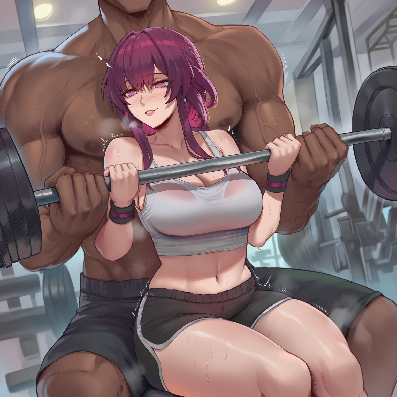 1boy, 1girls, ai generated, blush, collarbone, dark skin, dark-skinned male, fat ass, female, flarekiss, highres, honkai (series), honkai: star rail, hoyoverse, interracial, kafka (honkai: star rail), legs, light-skinned female, male, male/female, mihoyo, muscular, muscular male, sports shorts, sports uniform, straight, sweat, sweatdrop, vein