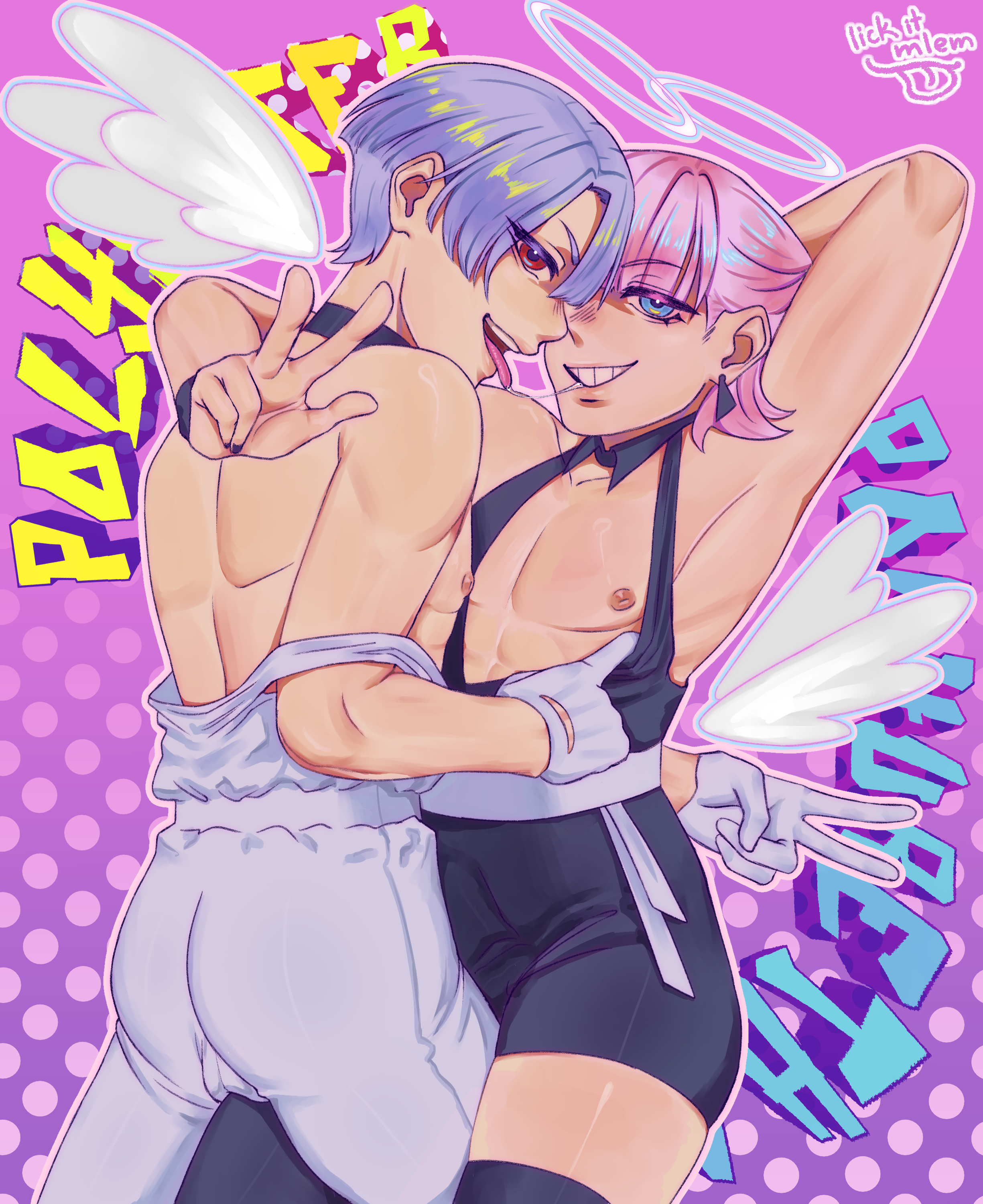armpits, balls, balls under clothes, brothers, bulge, bulge through clothing, gay, incest, lick it mlem, looking at viewer, male, male only, male with painted nails, nipples, panty & stocking with garterbelt, polyester (psg), polyurethane (psg), pulling clothing, saliva on tongue, saliva string, tight clothing, tight fit, yaoi