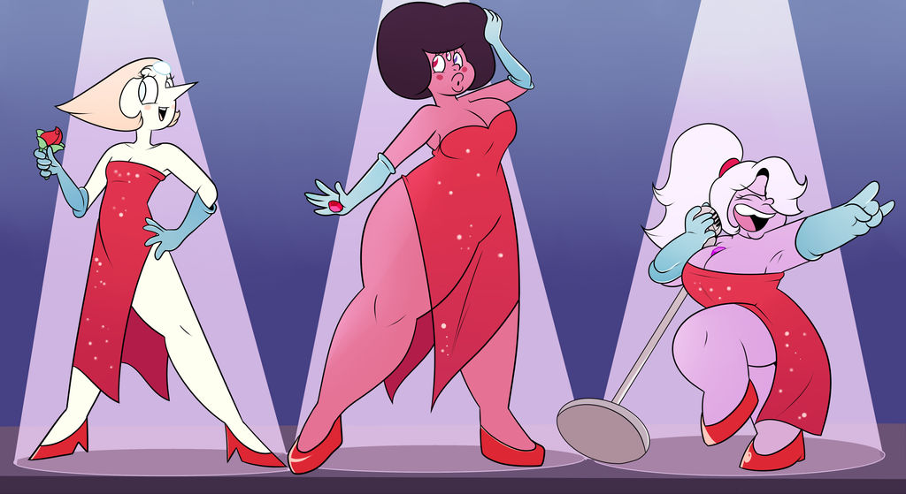 :d, :o, 2025, 3girls, amethyst (steven universe), black hair, female, female only, garnet (steven universe), gem, gem (species), gem fusion, gem on chest, gem on forehead, heterochromia, jessica rabbit (cosplay), microphone, pearl (steven universe), performance, purple hair, purple skin, red dress, red heels, red skin, rose, steven universe, superspoe, white skin