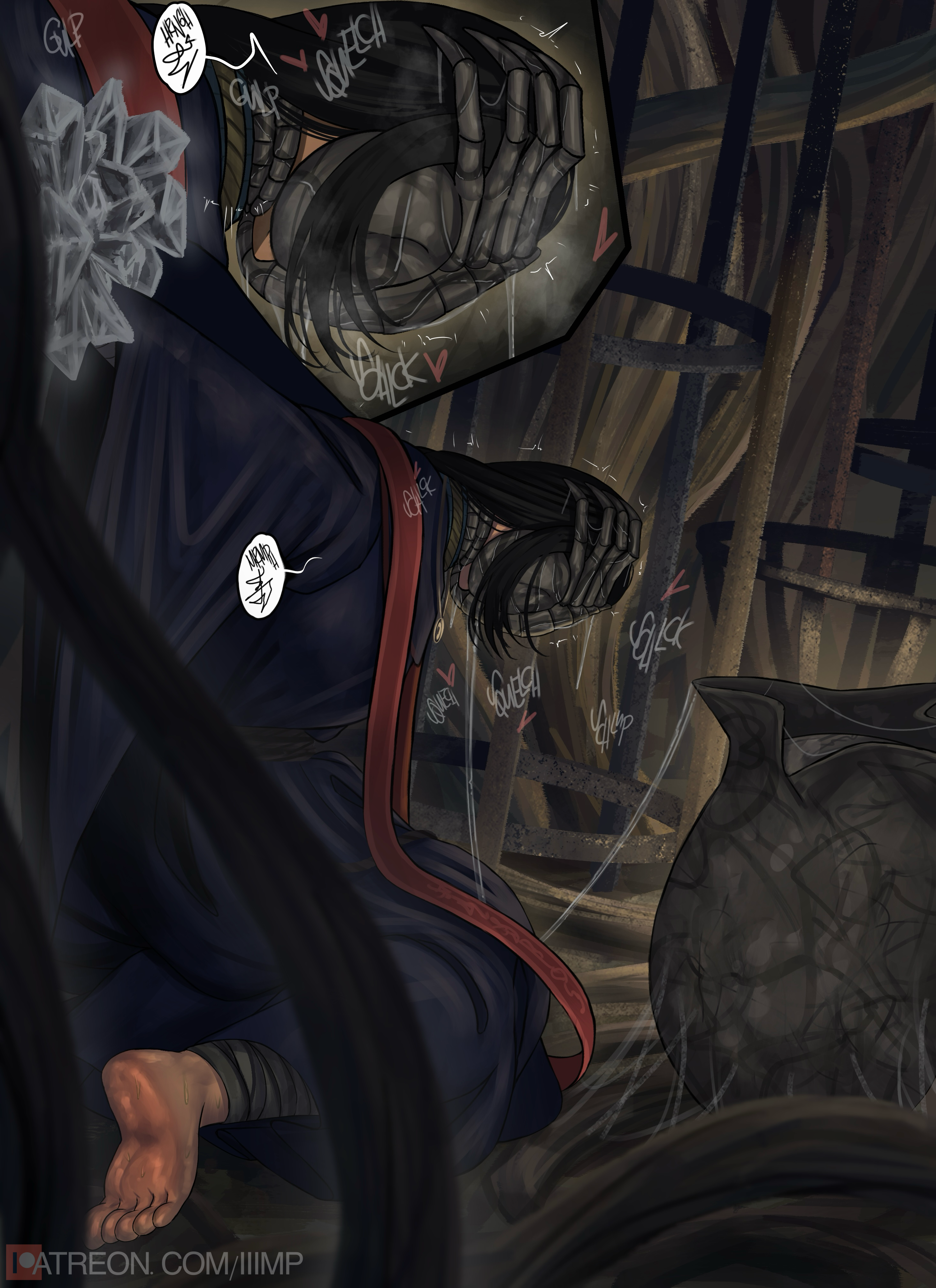1girls, 1monster, 2d, alien, alien (franchise), black hair, bound arms, bound wrists, braided hair, dark hair, egg, egg implantation, elden ring, facehugger, feet, female, fromsoftware, helpless, helpless female, iiimp, imminent oral, imminent rape, imminent sex, impregnation, imprisoned, insects, oral, oral egg implantation, oral penetration, oral rape, oral sex, parasite, pinned, pinned to wall, rape, raped, raped by monster, restrained, restrained arms, robe, saliva, saliva string, saliva trail, slumped, sorceress sellen, trapped, witch, xenomorph egg