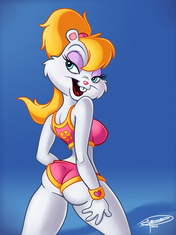 anthro, ass, athletic, berri, blonde hair, bottomwear, clothes, clothing, color, conker's bad fur day, eyeshadow, female, female only, fur, furry, grey fur, looking back, mammal, nintendo, open mouth, skimpy clothes, solo, squirrel, tagme, topwear, wristwear