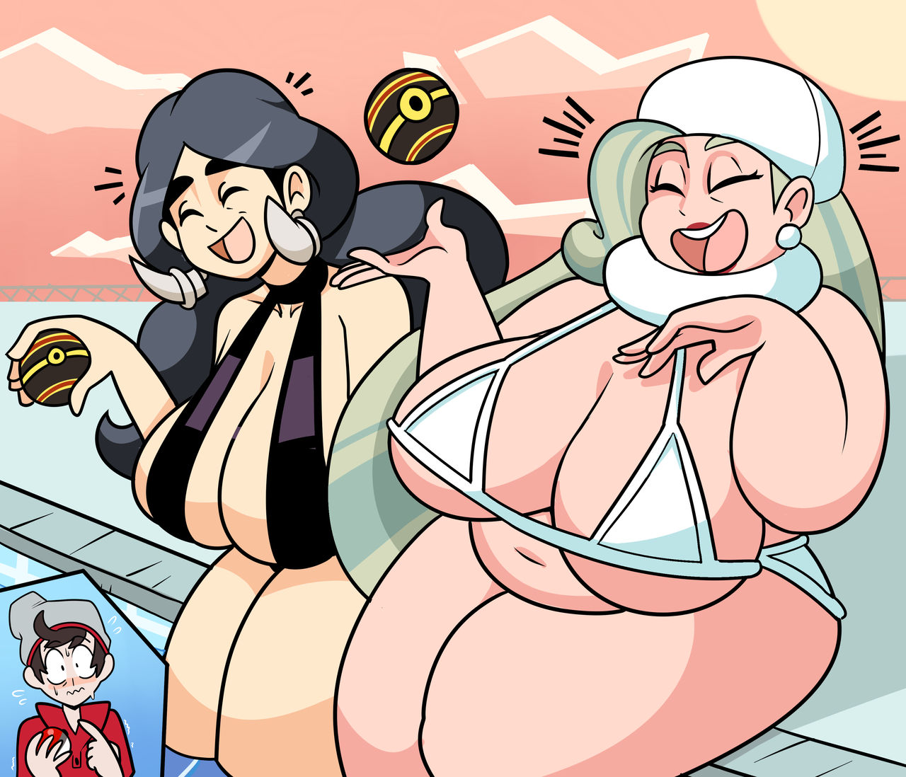 1boy, 2girls, bbw, bikini, black hair, breasts, closed eyes, drasna (pokemon), earrings, female, game freak, gilf, huge breasts, male, mature, mature female, melony (pokemon), milf, mother, multiple females, multiple girls, navel, nintendo, open mouth, pokeball, pokemon, pokemon ss, pokemon xy, pool, poolside, superspoe, victor (pokemon), white hair