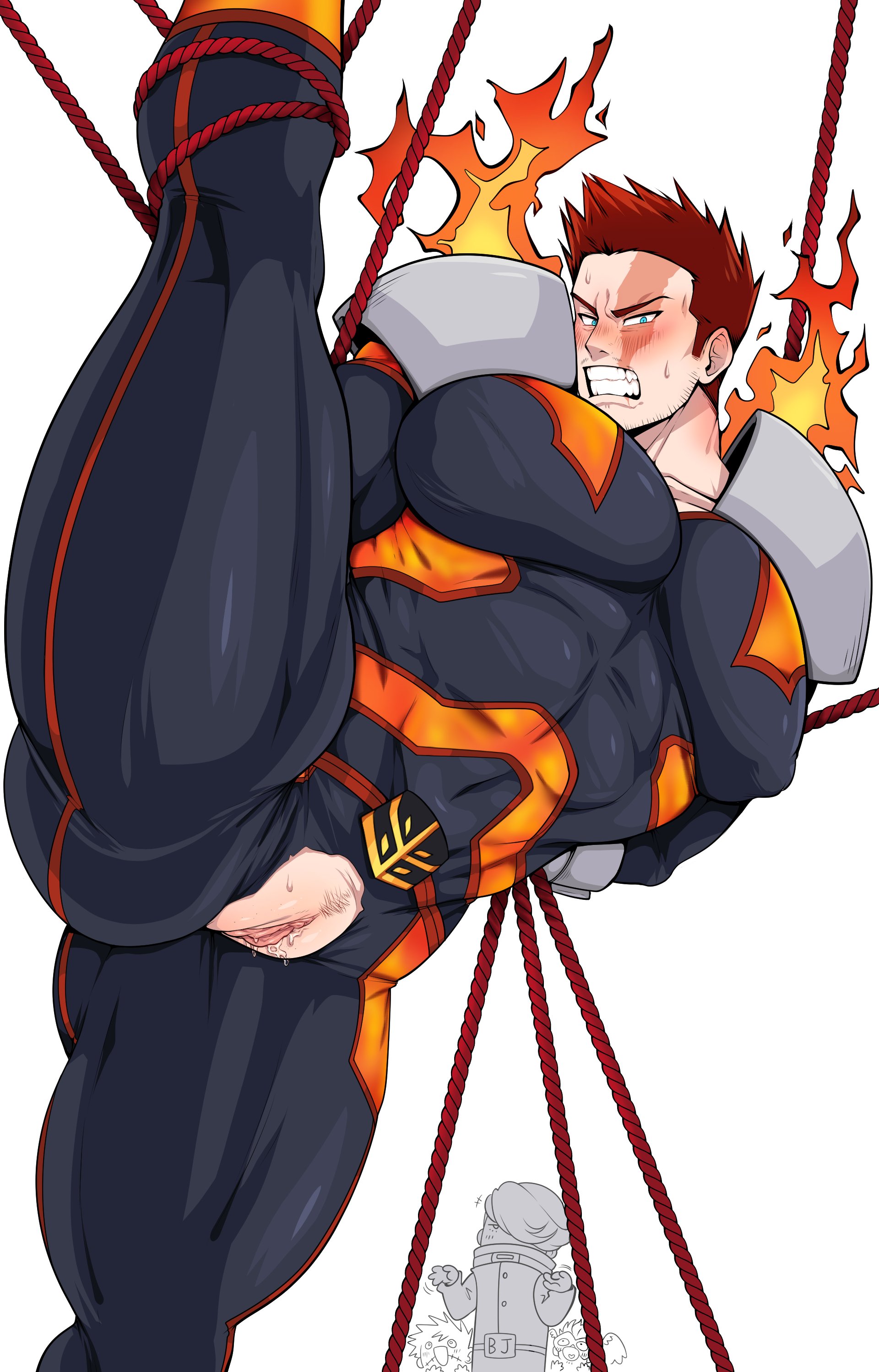 arms behind back, best jeanist, big pecs, bondage, clenched teeth, cuntboy, endeavor (my hero academia), enji todoroki, flames, hero suit, intersex, keigo takami, leg held up, male, male only, muscular, muscular cuntboy, muscular male, my hero academia, nipples visible through clothing, niucniuc, niusesabe, open mouth, pussy, pussy drip, pussy hole, red rope, rope, shocked expression, standing, takami keigo, todoroki enji, todoroki touya, touya todoroki