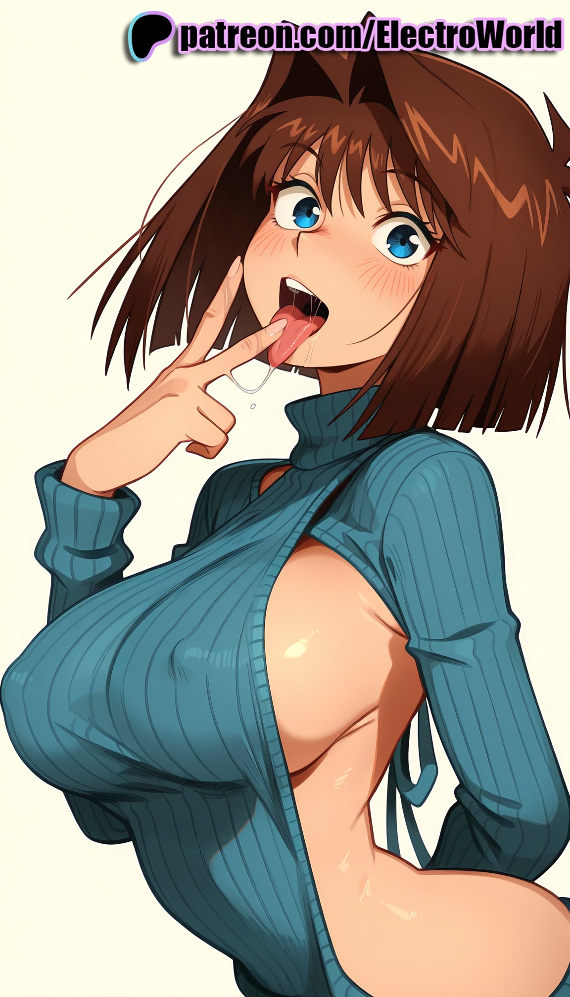 1girls, 2025, ai generated, artist name, big breasts, big chest, blue eyes, blush, breasts, brown hair, bust, busty, chest, covered nipples, electroworld, female, hi res, high quality, high resolution, highres, meme attire, patreon username, ribbed sweater, short hair, sideboob, solo, stable diffusion, sweater, tea gardner, tongue, tongue out, turtleneck, watermark, yu-gi-oh!