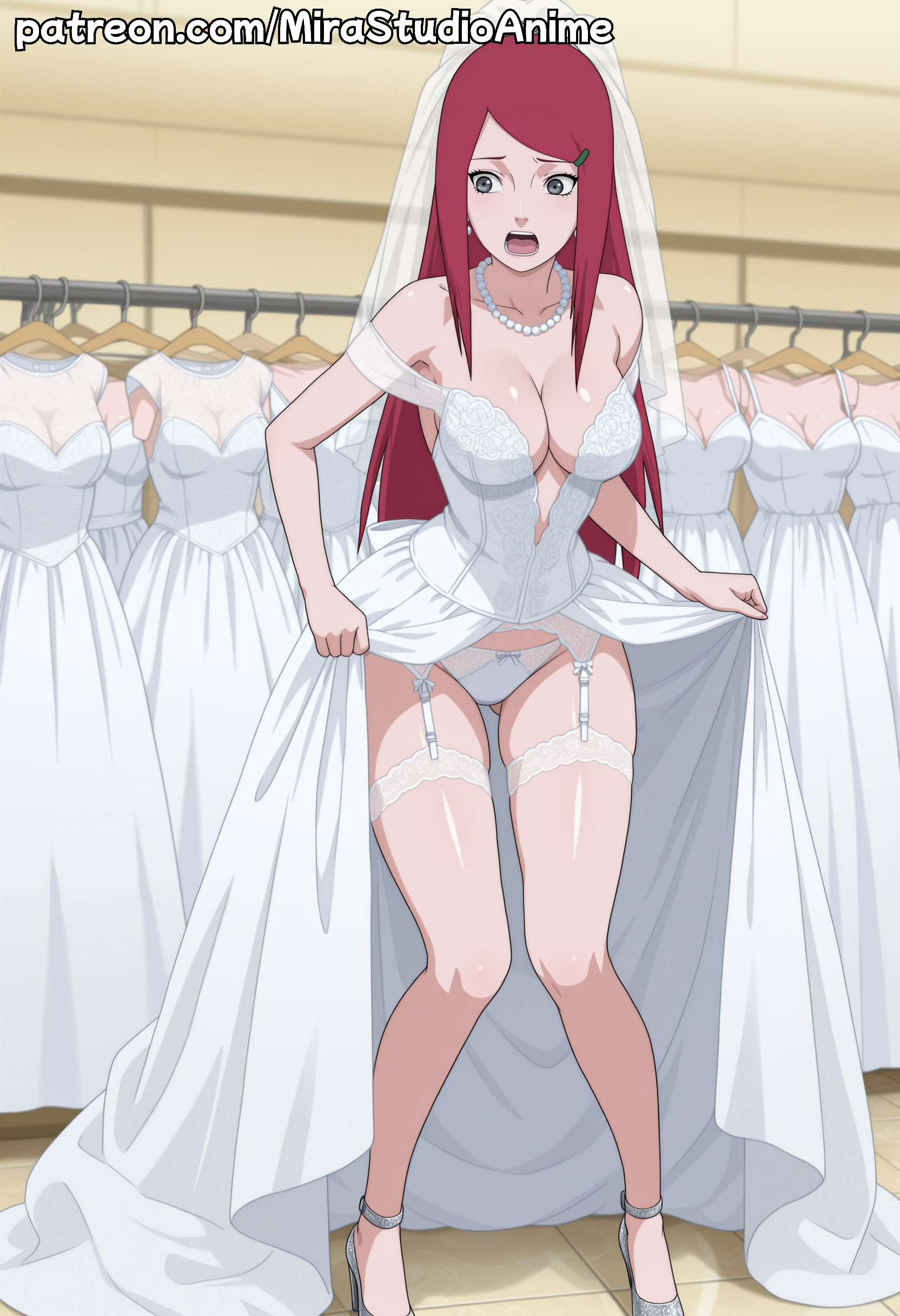 ai generated, ass, blush, breasts, female, hair between eyes, kushina uzumaki, large breasts, long hair, looking at viewer, milf, mirastudioanime, naruto, naruto (series), naruto shippuden, nude, red hair, solo, spread legs, uzumaki kushina, wedding dress