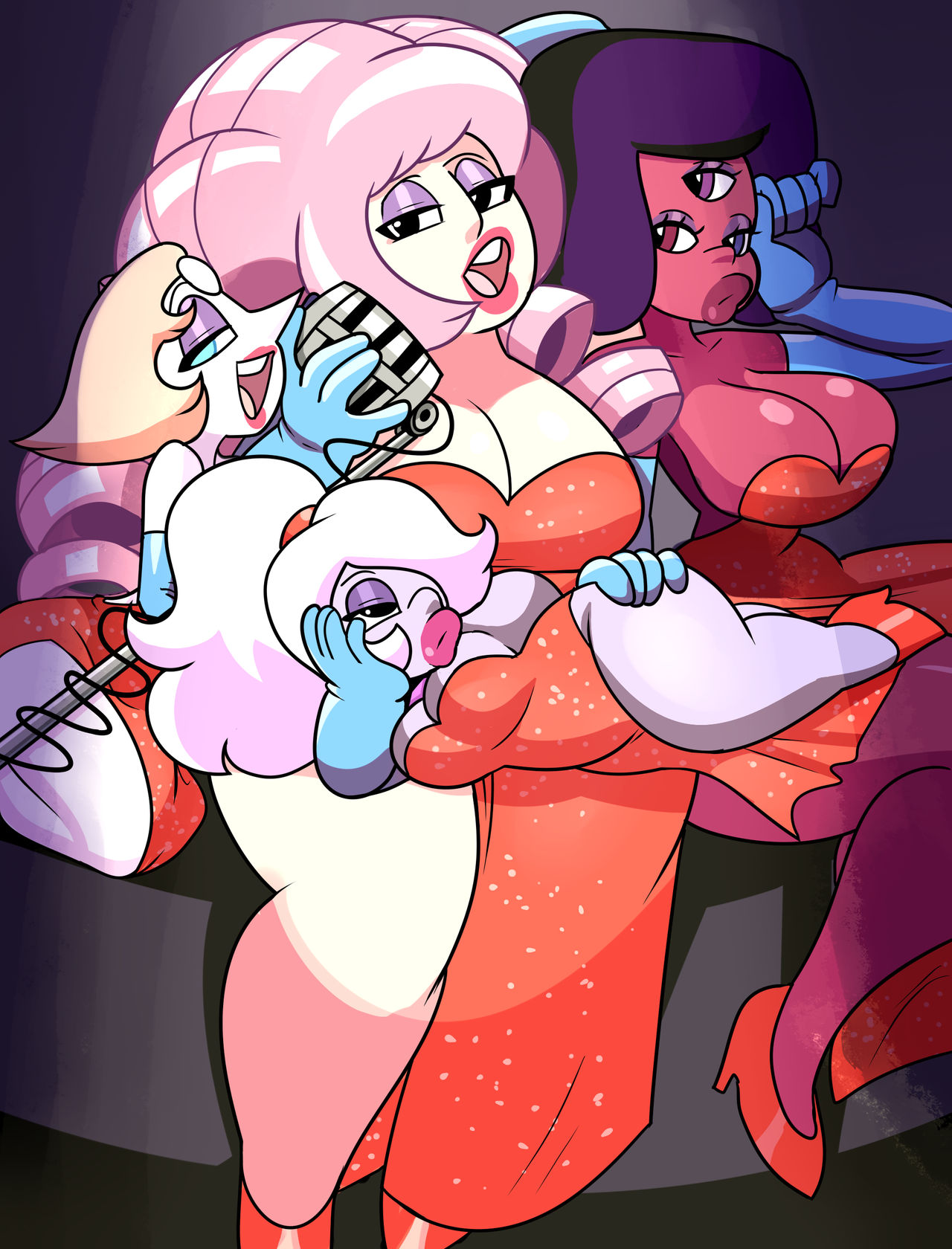 4girls, amethyst (steven universe), big breasts, black hair, breasts, female, female only, garnet (steven universe), gem, gem (species), gem fusion, gem on chest, gem on forehead, heterochromia, jessica rabbit (cosplay), microphone, multiple females, multiple girls, pearl (steven universe), purple hair, purple skin, red dress, red heels, red skin, rose quartz (steven universe), steven universe, superspoe, thick lips, white skin