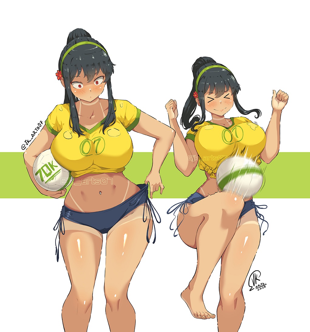 1girls, ball, bare legs, barefoot, black hair, blue shorts, brazilian flag, brazilian flag print, breasts, commentary request, cosplay, crop top, feet, female, female only, flag print, flower, hair flower, hair ornament, holding, holding ball, huge breasts, jk arts, jk arts07, large breasts, legs, long hair, multiple views, navel, navel piercing, piercing, ponytail, red eyes, shirt, short shorts, shorts, soccer ball, solo, spanish commentary, spy x family, stomach, tan, tanlines, tied shirt, toes, twitter strip game, twitter username, two-tone background, yellow shirt, yor briar, yor forger