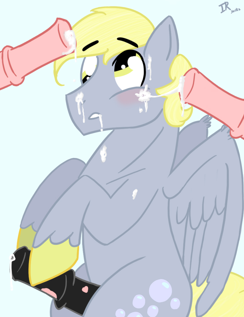 blonde_hair blush color cum derpy_hooves dopey_hoof_(mlp) erection friendship_is_magic fur grey_fur hair imrootless male male_only multiple_males my_little_pony open_eyes pegasus penis pony rule_63 side_view wings yellow_eyes