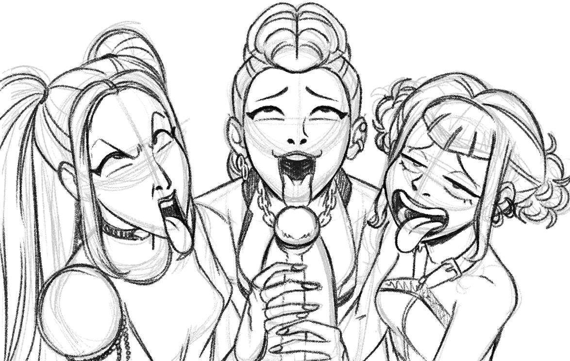 1boy, 3girls, aeolus06, blowjob, breasts, digital drawing (artwork), digital media (artwork), fellatio, female, foursome, funny, funny face, half demon, half-demon, human, kpop demon hunters, male, mira (kpop demon hunters), multiple females, multiple girls, rumi (kpop demon hunters), sketch, zoey (kpop demon hunters)