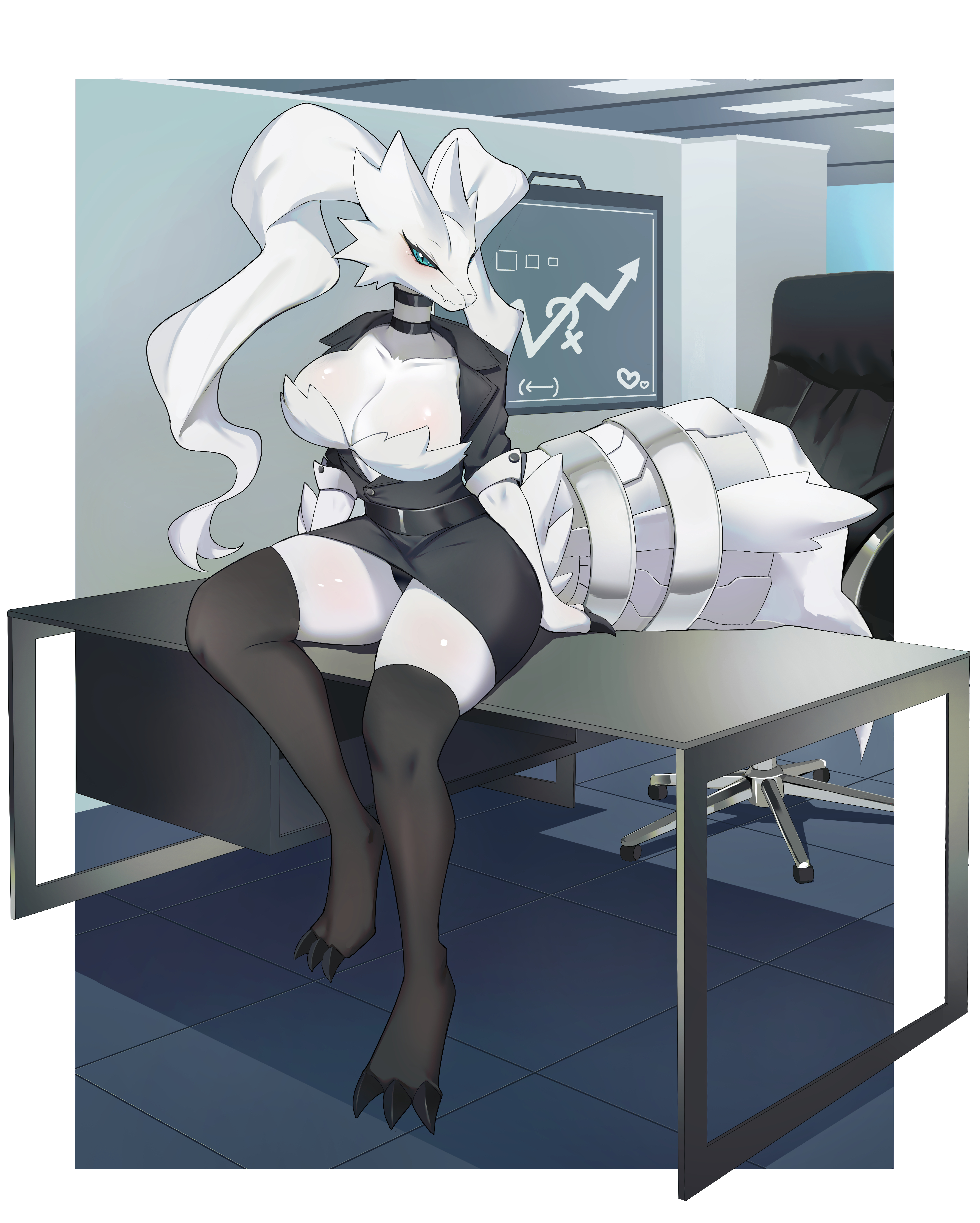 1girls, 2024, absurd res, accessory, anthro, anthrofied, big breasts, big claws, big tail, black claws, black clothing, black legwear, black panties, black stockings, black suit, black underwear, blue eyes, blue sclera, blush, border, bottomwear, bra, breasts, chair, chalkboard, chart, cheek tuft, choker, claws, cleavage, clothed, clothing, curvy figure, desk, detailed background, dragon, facial tuft, female, female anthro, female only, flong, floor, furgonomics, furniture, generation 5 pokemon, hourglass figure, huge breasts, inside, jewelry, legendary pokemon, legwear, looking at viewer, mature female, necklace, nintendo, office, office chair, office lady, on desk, open clothing, open shirt, open topwear, outside border, panties, pencil skirt, pinup, pokemon, pokemon (species), pokemorph, pose, pupils, reshiram, ring, seductive, shirt, skirt, slit pupils, snout, solo, stockings, suit, table, tail, tail accessory, tail jewelry, tail ring, thick thighs, thigh highs, tile, tile floor, toe claws, topwear, tuft, underwear, unprofessional behavior, upskirt, white border, wide hips