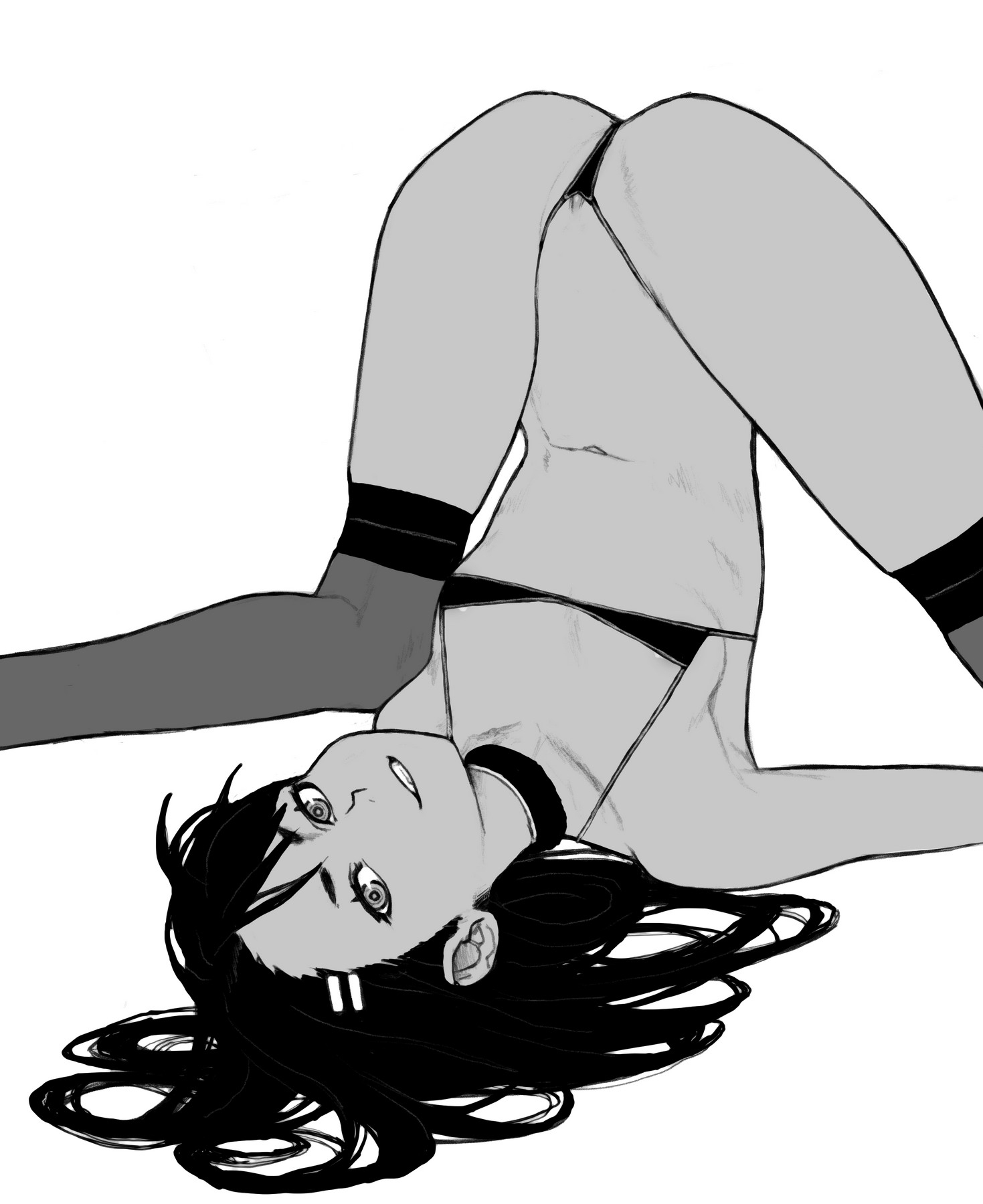black hair, bluesalm0n, female, female only, hairclips, hayase nagatoro, long hair, micro bikini, monochrome, please don't bully me, nagatoro, spread legs, teenage female, teenager, thighhighs, upside-down