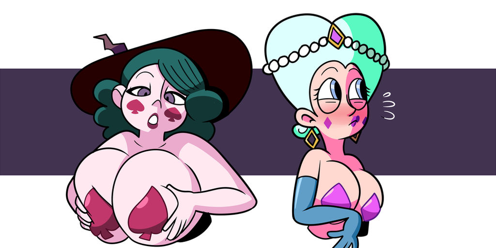 2girls, breasts, diamond (shape), earrings, eclipsa butterfly, female, female only, hat, huge breasts, moon butterfly, multiple females, multiple girls, pasties, queen, royalty, spade, star vs the forces of evil, superspoe