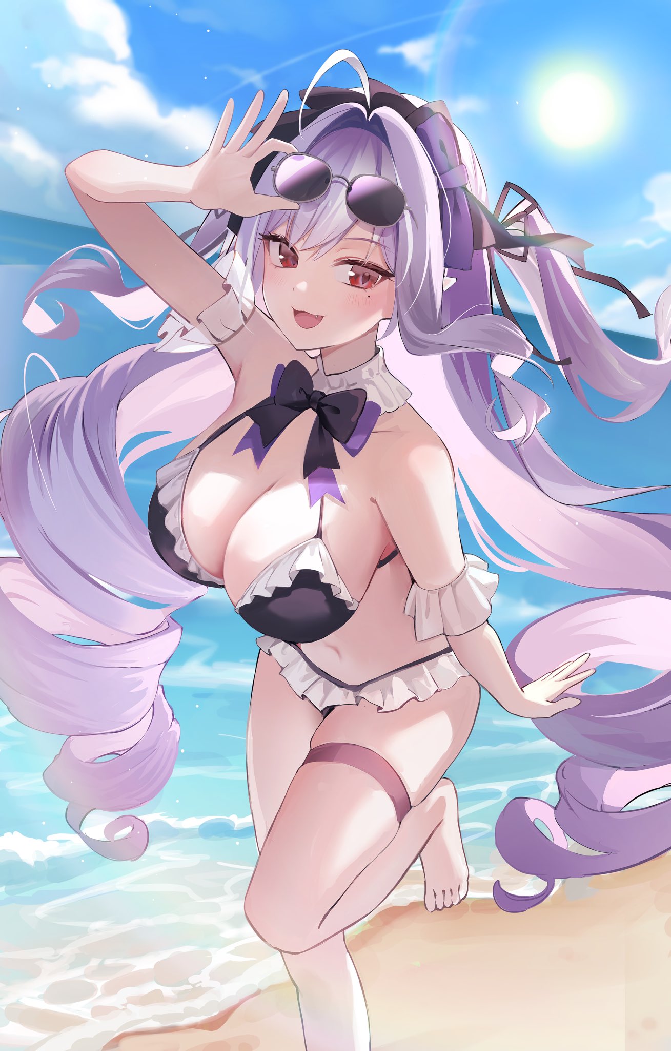 :3, big breasts, bikini, black bikini, black bikini bottom, black bikini top, black ribbon, breasts, cute fang, female, frilled bikini, frills, long hair, long twintails, mole, mole under eye, ocean, purple hair, red eyes, ribbon, sand, shouhaku0512, sunglasses on head, swimsuit, thighband, twintails, vivian (zenless zone zero), vivian banshee, zenless zone zero