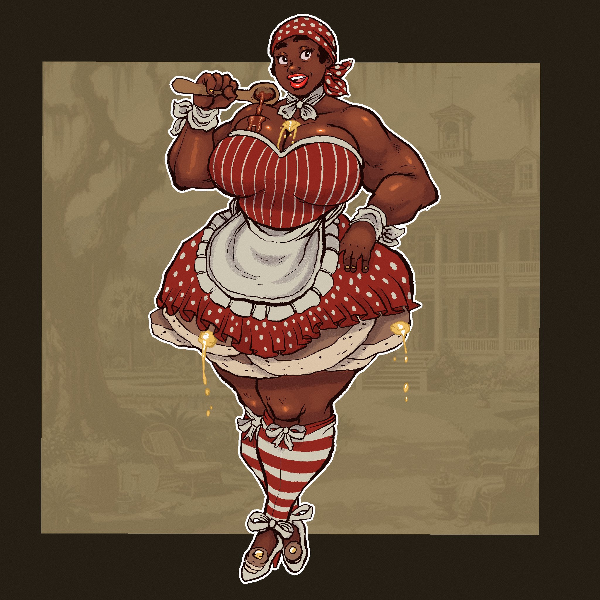 1girls, aunt jemima, bare shoulders, breasts, butter, cleavage, dark skin, dark-skinned female, female, female only, food on breasts, full body, headscarf, huge breasts, lewdbeef, muscular, muscular arms, muscular female, quaker oats, red dress, red stripes, short dress, solo, solo female, spoon, standing, striped thighhighs, stripes, syrup, thick thighs, thighhighs, wide hips