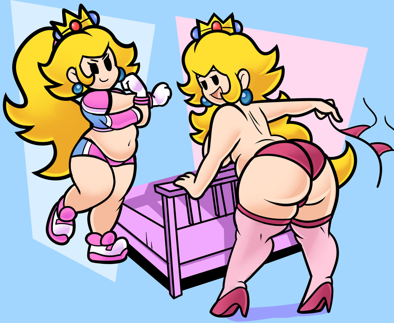 1girls, ass, bed, bedframe, big ass, blonde hair, crown, earrings, female, heels, mario (series), panties, paper mario, paper peach, princess, princess peach, stockings, superspoe, taking off bra