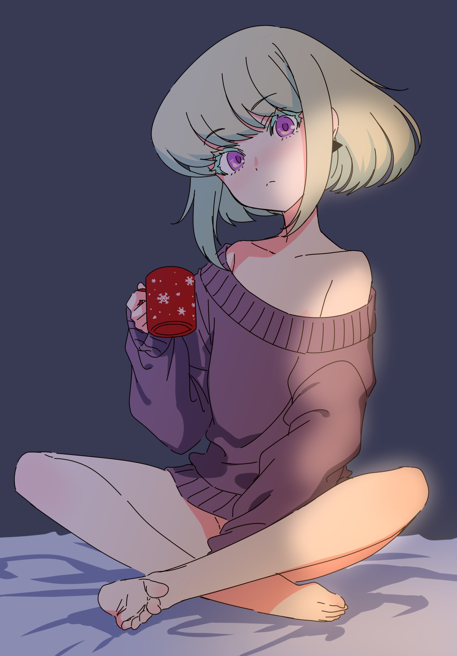1boy, androgynous, bottomless, burrrntlemon, clothed, clothing, femboy, lio fotia, looking at viewer, male, promare, questionable, solo, sweater, twink