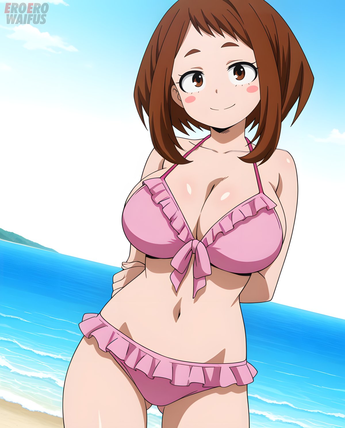 1girls, ai generated, bare thighs, beach, bikini, boku no hero academia, breasts, brown eyes, brown-haired female, brunette hair, eroero waifus, female, gigantic breasts, huge breasts, huge thighs, light skin, light-skinned female, looking at viewer, massive breasts, my hero academia, ochako uraraka, short hair, shounen jump, smiling, solo female, squatting, sweat, sweatdrop, thick body, thick female, thick thighs, thighs, voluptuous, voluptuous female