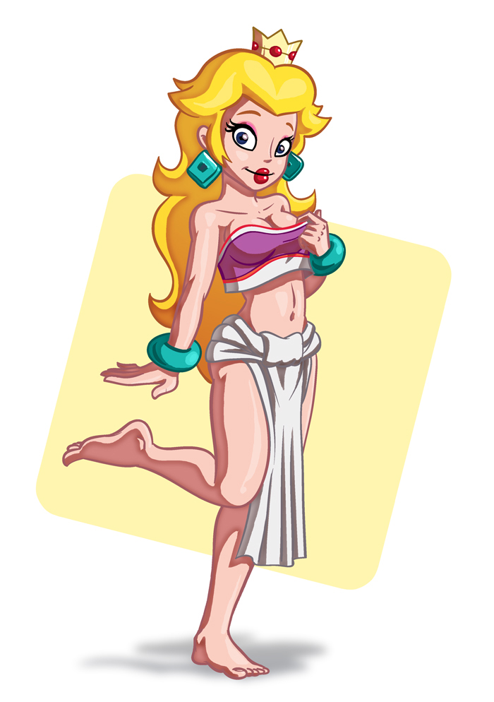 1girls, blonde hair, chel, chel (cosplay), cosplay, female, loincloth, mario (series), nintendo, pelvic curtain, princess peach, solo, the road to el dorado, toes, tompreston