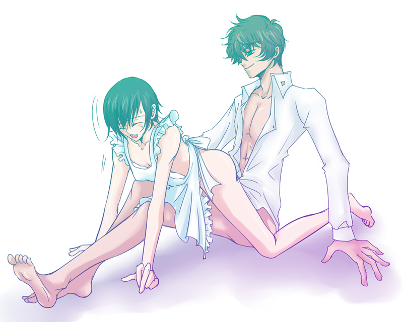 2boys anal androgynous apron bounce closed_eyes code_geass femboy girly good_little_housewife lelouch_lamperouge male multiple_males naked_apron nipples open_mouth penis_under_apron riding smirk suzaku_kururugi trap yaoi