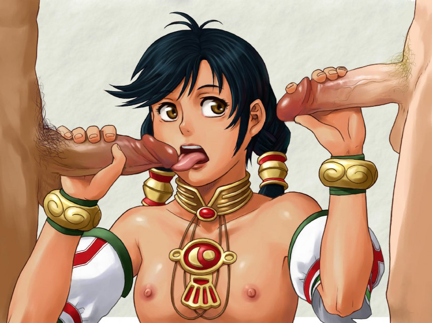 1girls 2boys azasuke bare_shoulders black_hair collarbone dark-skinned_male dark_skin double_handjob fellatio female handjob human interracial male mmf_threesome multiple_penises nipples oral shoulders soul_calibur straight tagme talim uncensored