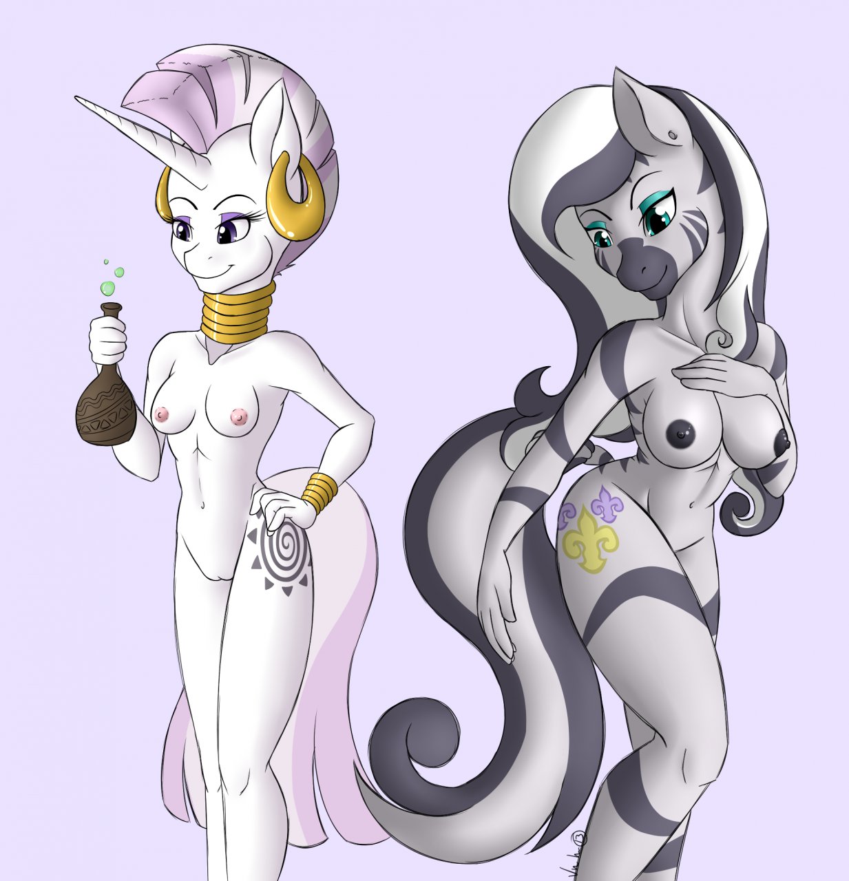 2girls anthro earrings female fleur_de_lis_(mlp) friendship_is_magic green_eyes itsuko103 large_breasts long_hair mohawk my_little_pony navel nude potion purple_eyes pussy small_breasts species_swap straight_hair tail unicorn zebra zecora_(mlp)